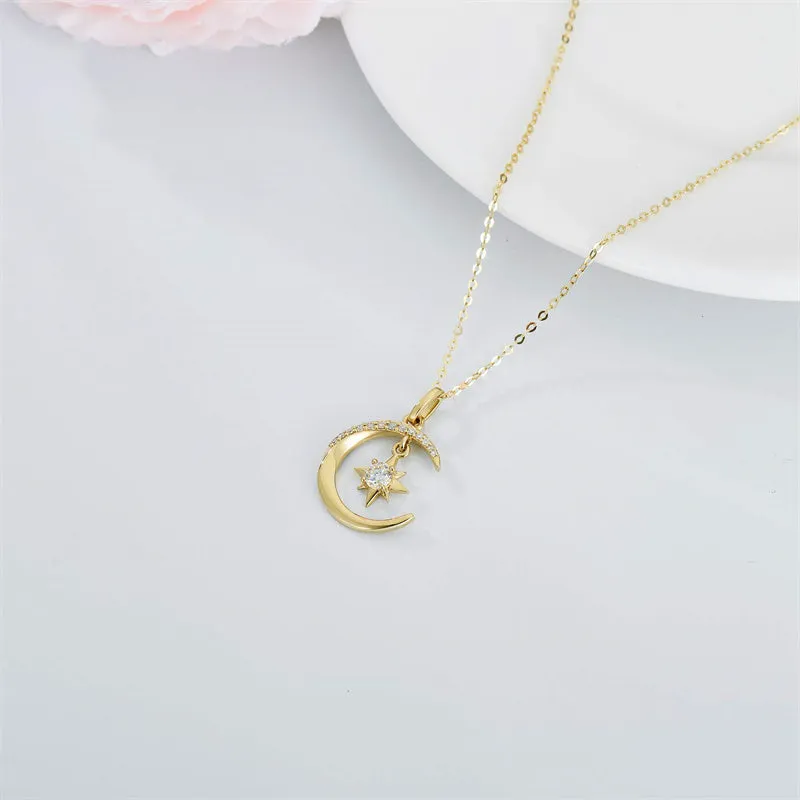 14k Gold Moon Necklace for Women, Real Gold Moon and North Star Pendant with Chain, Jewelry Gifts for Her, 16+1+1 Inch