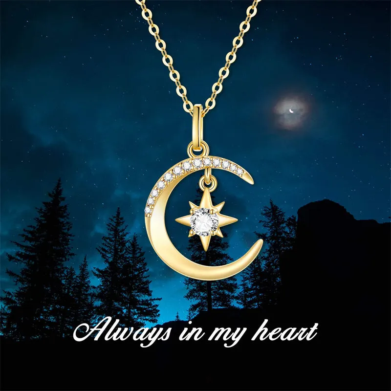 14k Gold Moon Necklace for Women, Real Gold Moon and North Star Pendant with Chain, Jewelry Gifts for Her, 16+1+1 Inch