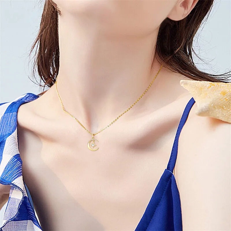 14k Gold Moon Necklace for Women, Real Gold Moon and North Star Pendant with Chain, Jewelry Gifts for Her, 16+1+1 Inch