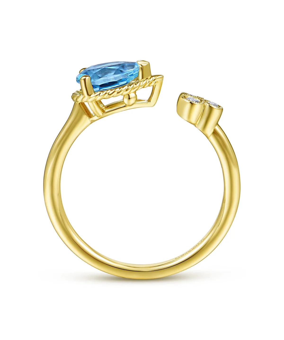 14K Yellow Gold Pear Shape Swiss Blue Topaz and Diamond Split Ring