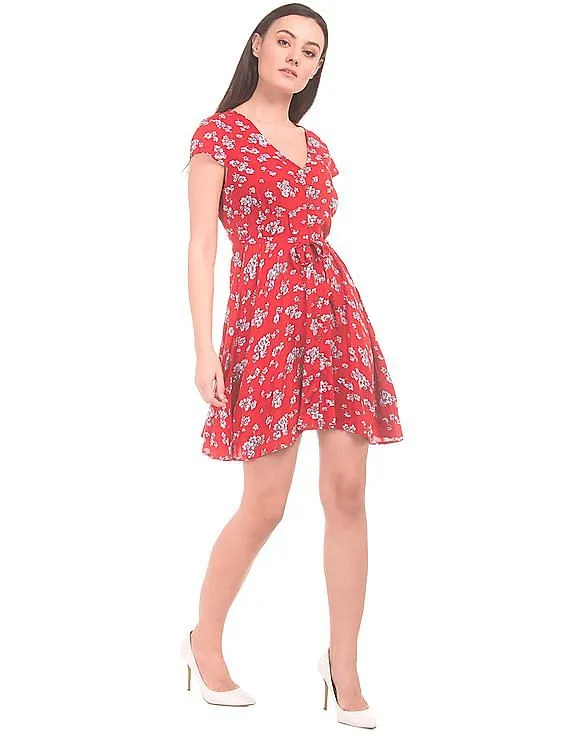 Aeropostale Floral Printed V-Neck Fit And Flare Dress