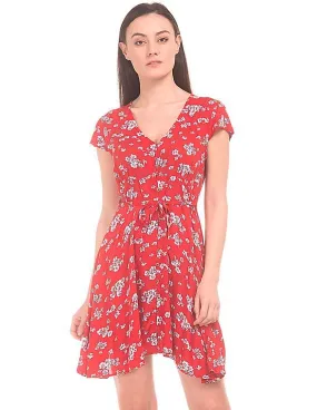 Aeropostale Floral Printed V-Neck Fit And Flare Dress