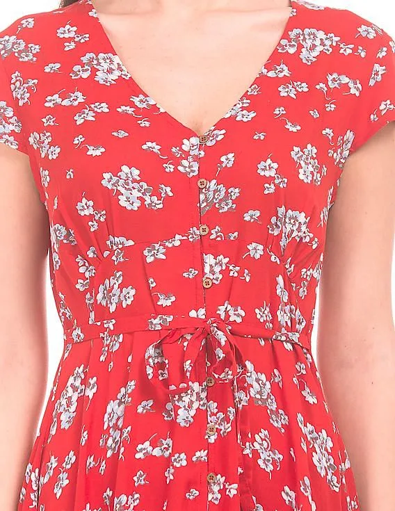 Aeropostale Floral Printed V-Neck Fit And Flare Dress