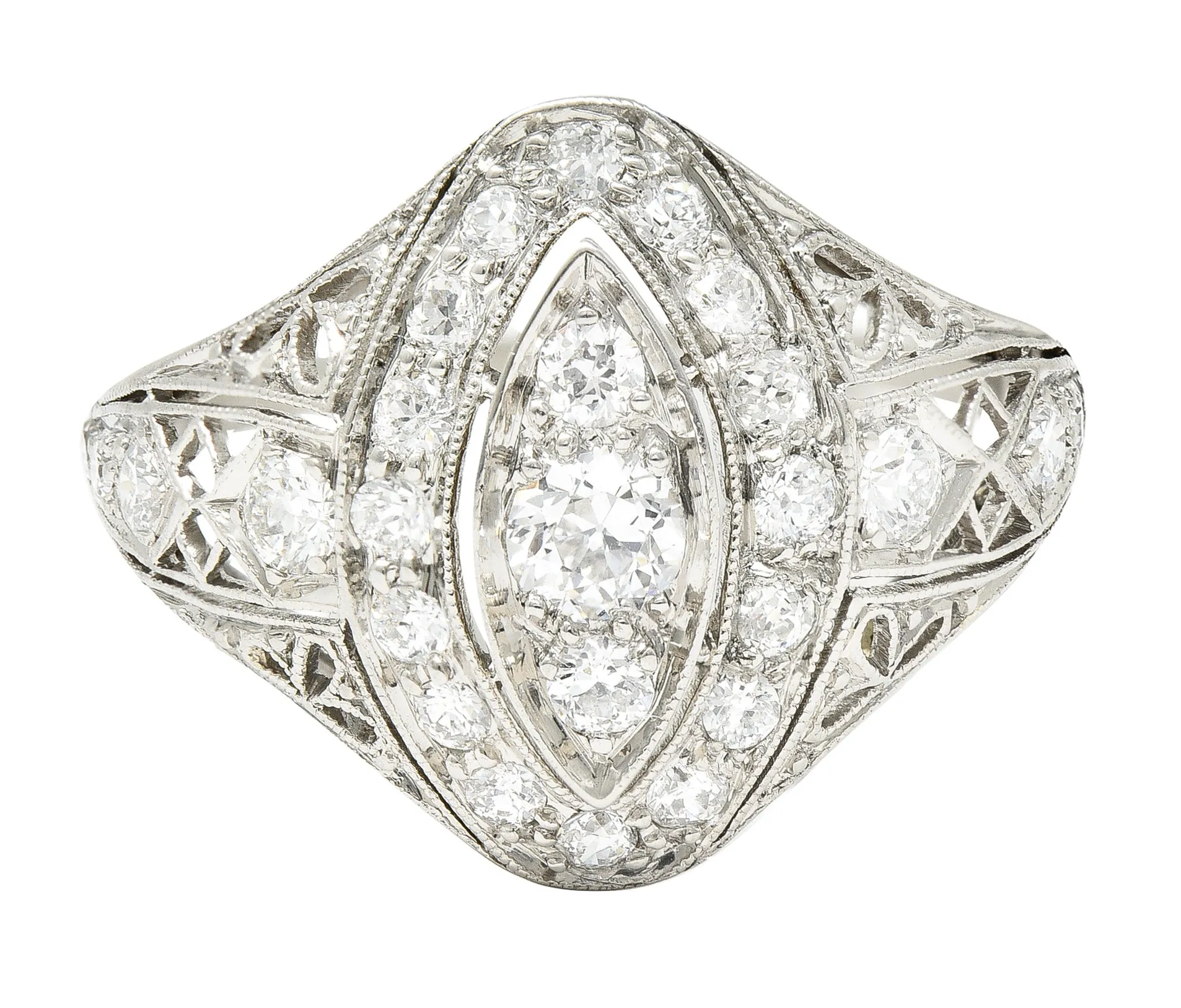 Art Deco 0.72 CTW Old European Cut Diamond Platinum Foliate Filigree Navette Dinner Ring