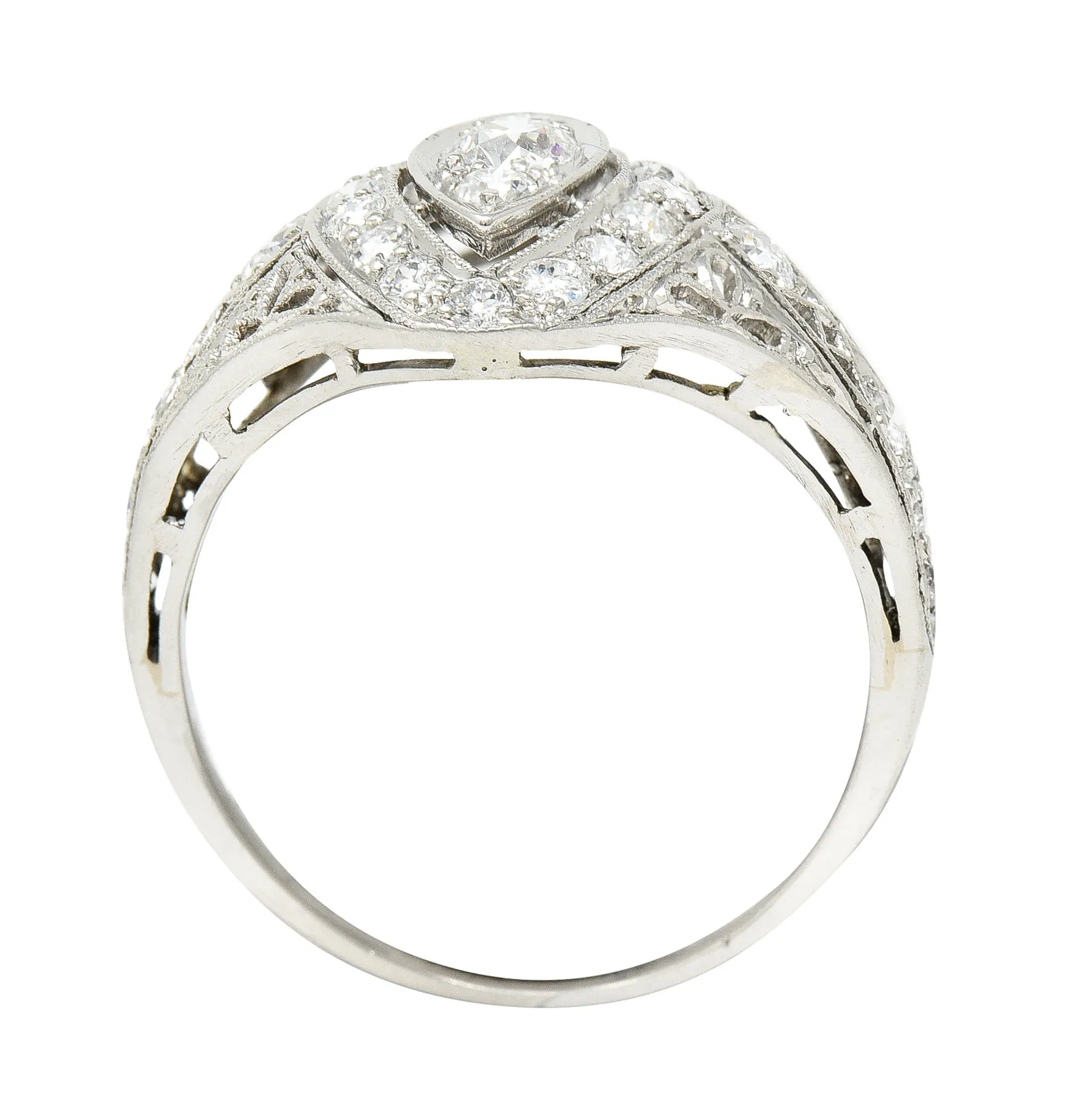 Art Deco 0.72 CTW Old European Cut Diamond Platinum Foliate Filigree Navette Dinner Ring