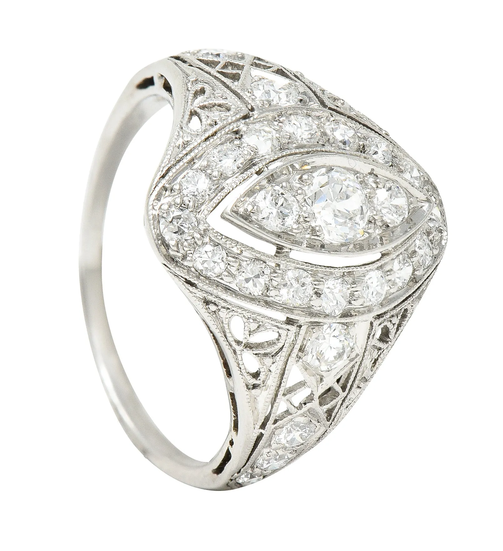 Art Deco 0.72 CTW Old European Cut Diamond Platinum Foliate Filigree Navette Dinner Ring