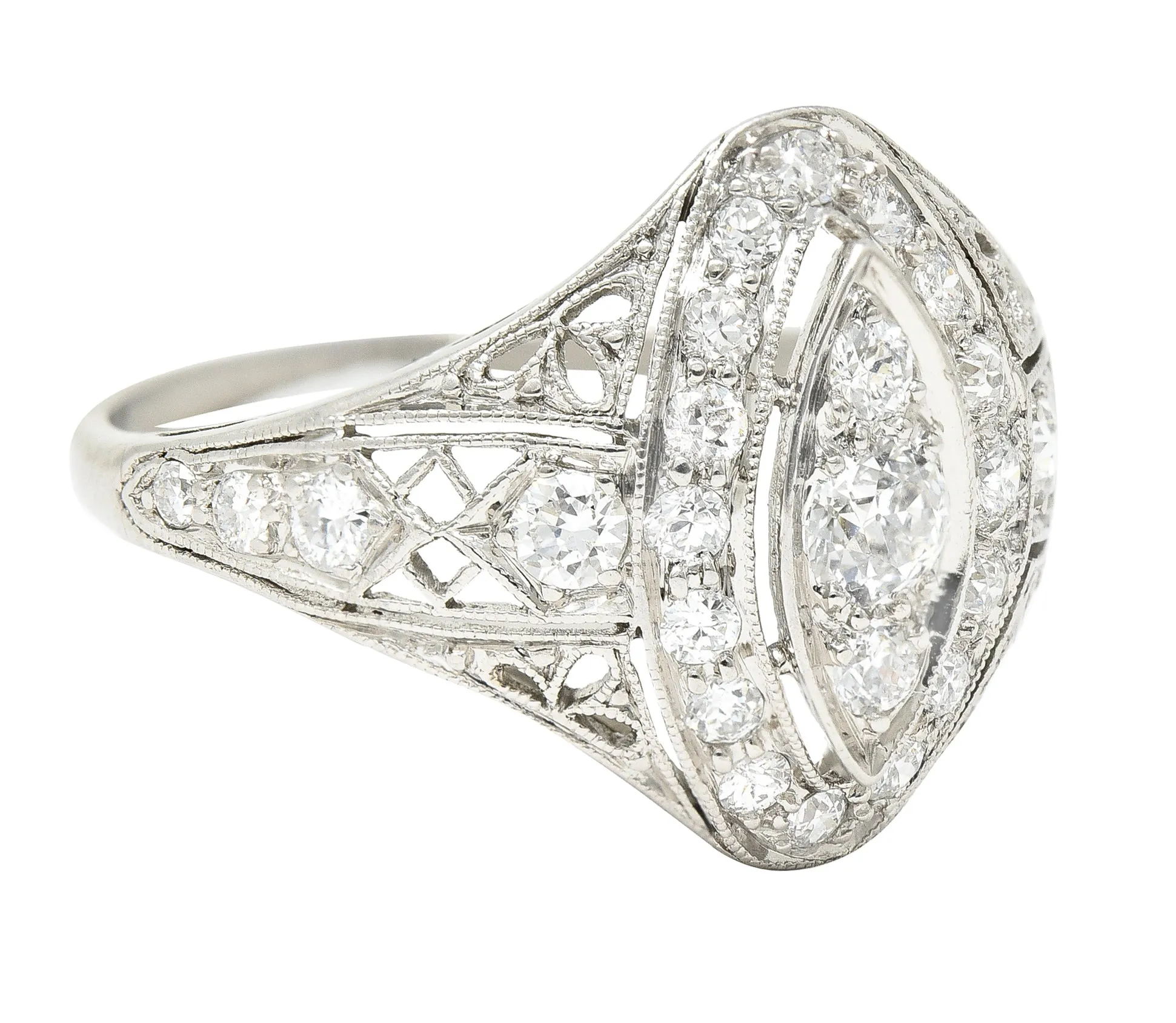 Art Deco 0.72 CTW Old European Cut Diamond Platinum Foliate Filigree Navette Dinner Ring