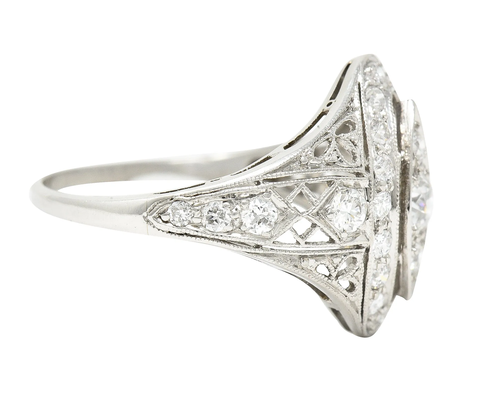 Art Deco 0.72 CTW Old European Cut Diamond Platinum Foliate Filigree Navette Dinner Ring