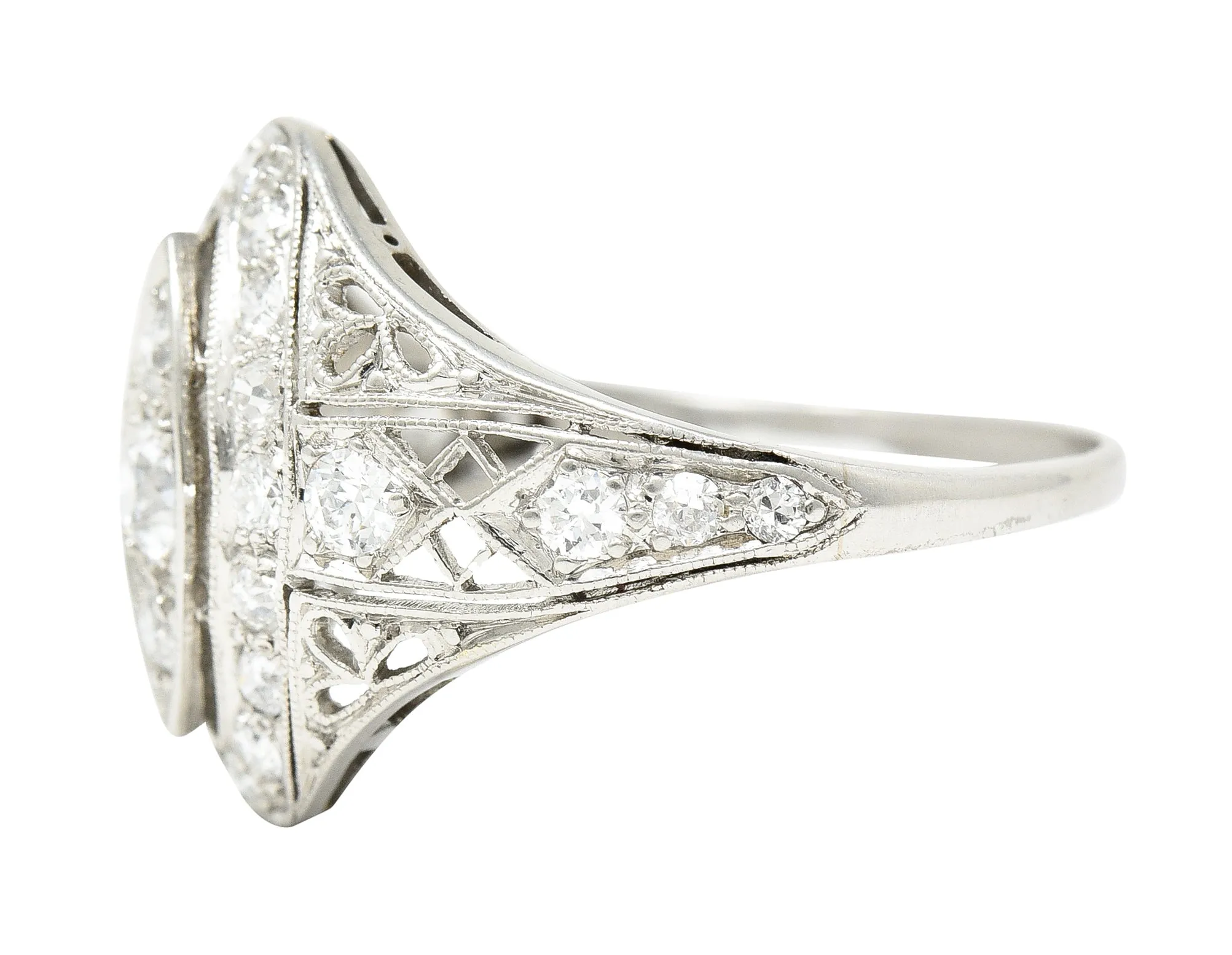 Art Deco 0.72 CTW Old European Cut Diamond Platinum Foliate Filigree Navette Dinner Ring