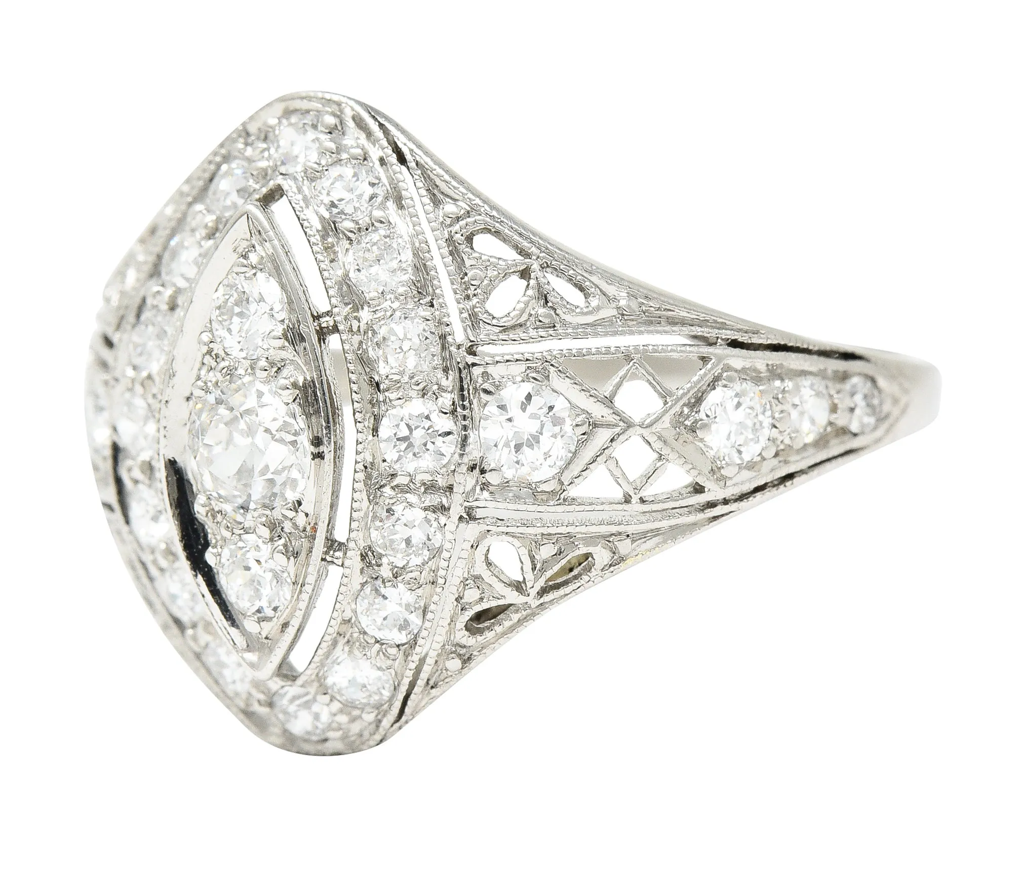 Art Deco 0.72 CTW Old European Cut Diamond Platinum Foliate Filigree Navette Dinner Ring