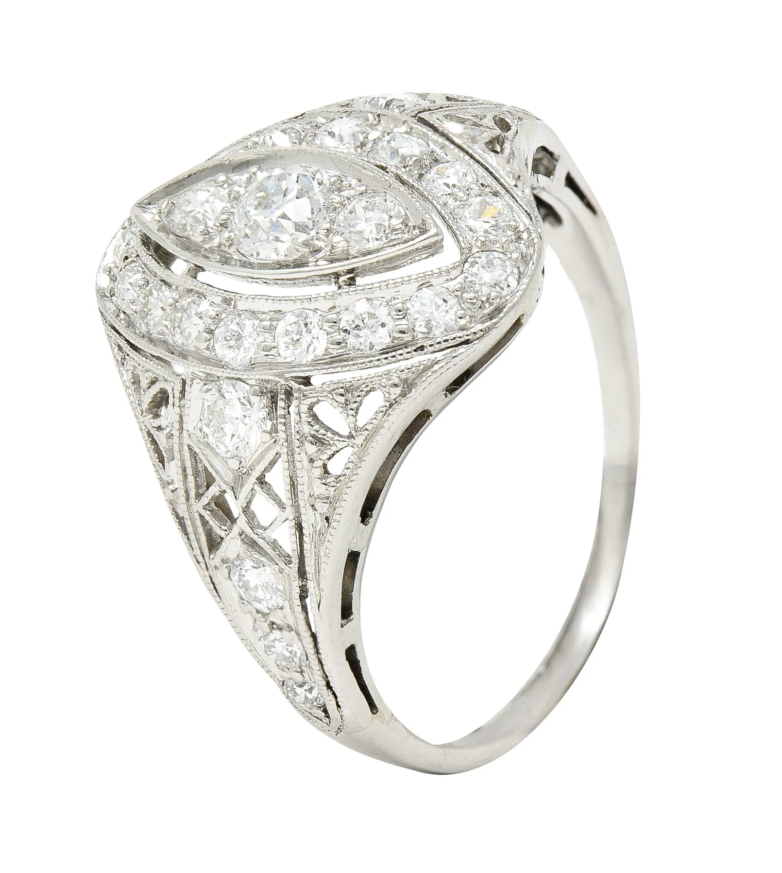 Art Deco 0.72 CTW Old European Cut Diamond Platinum Foliate Filigree Navette Dinner Ring