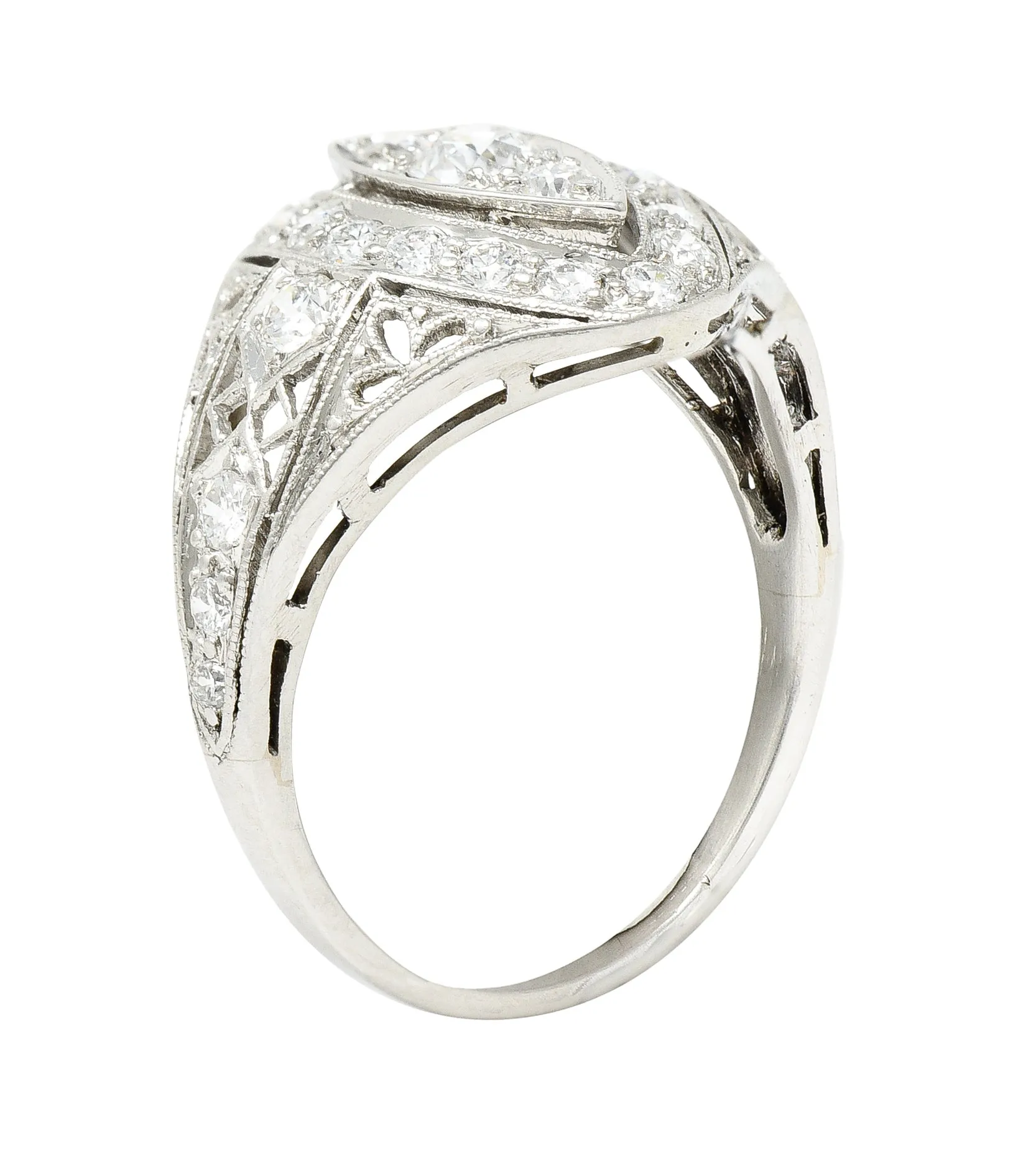 Art Deco 0.72 CTW Old European Cut Diamond Platinum Foliate Filigree Navette Dinner Ring