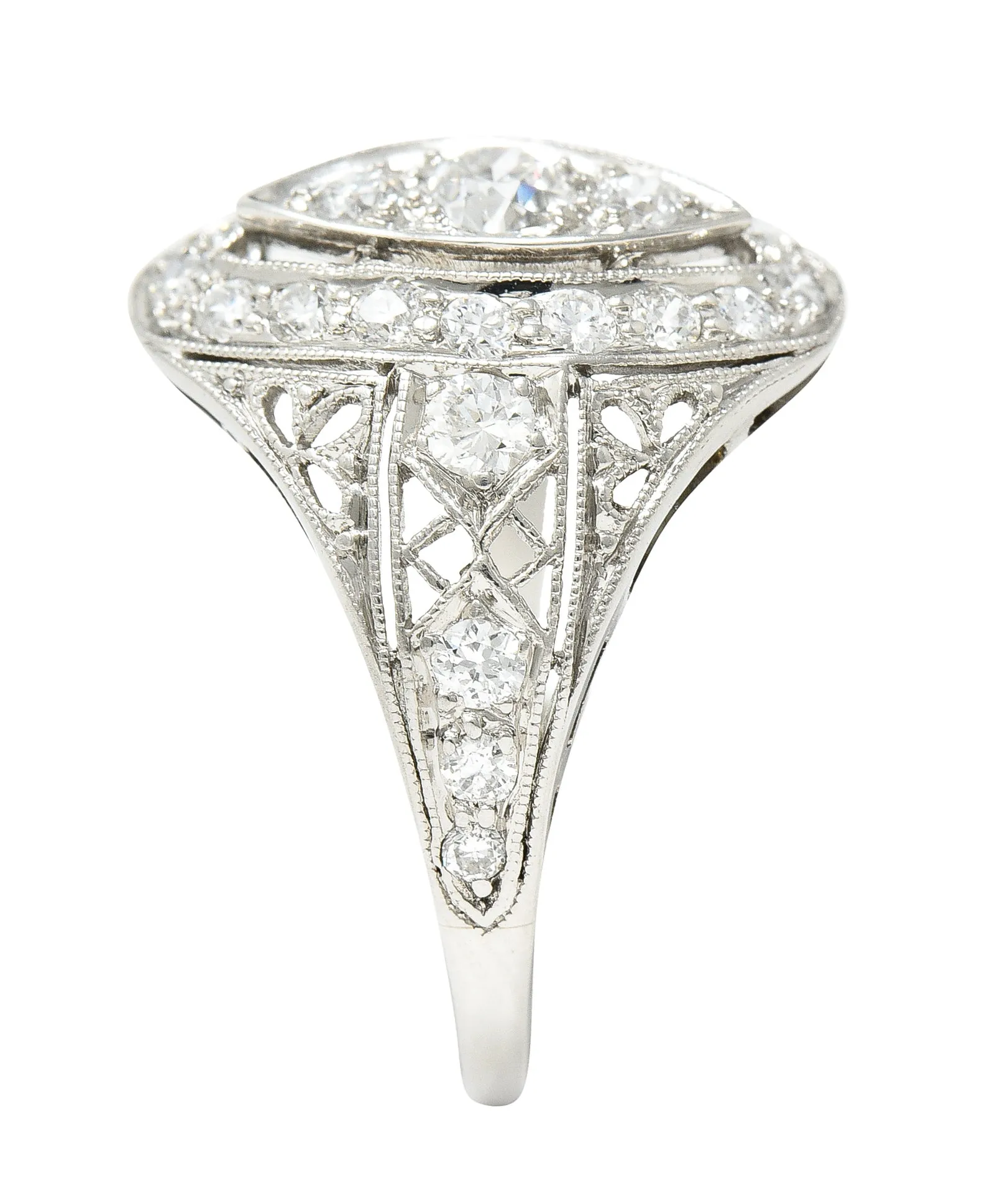 Art Deco 0.72 CTW Old European Cut Diamond Platinum Foliate Filigree Navette Dinner Ring