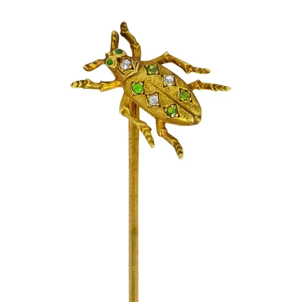 Art Nouveau Diamond Demantoid Garnet 14 Karat Gold Insect Bug Stickpin