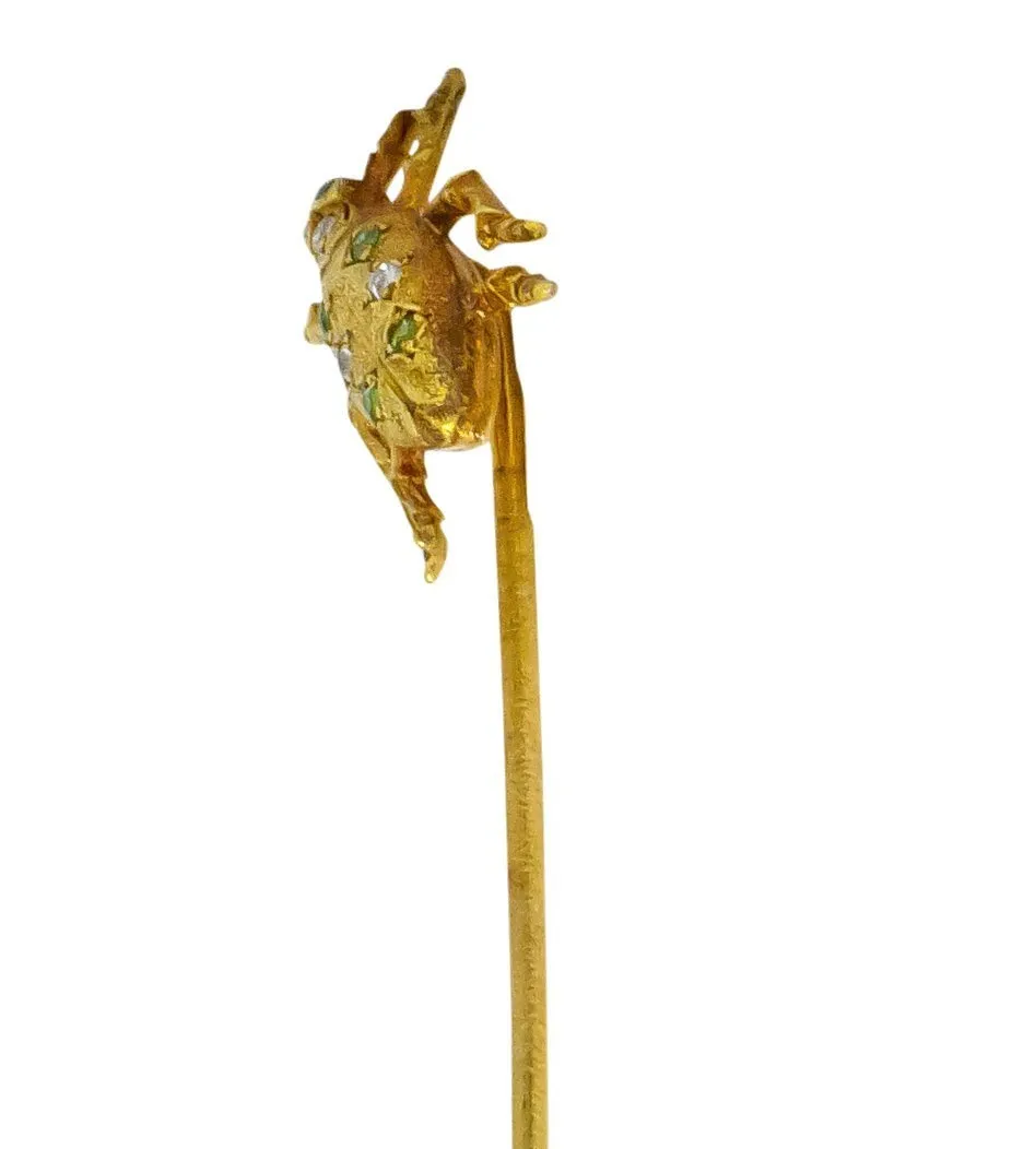 Art Nouveau Diamond Demantoid Garnet 14 Karat Gold Insect Bug Stickpin