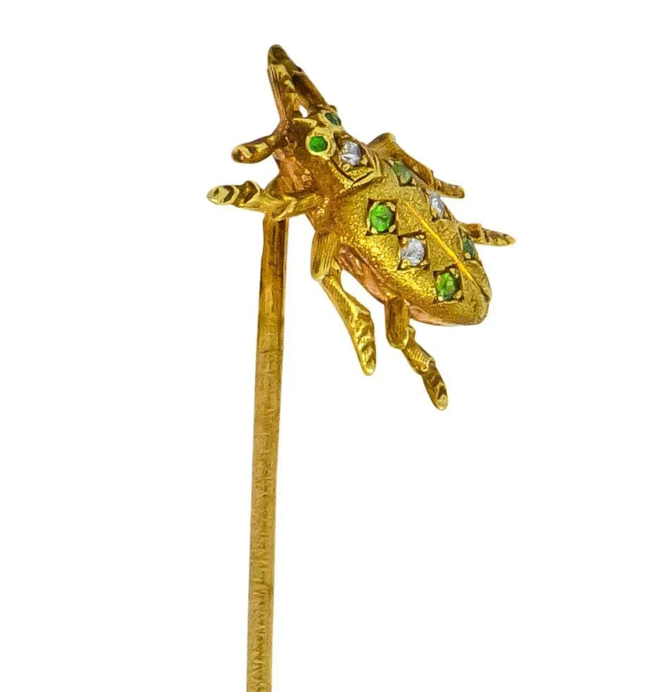 Art Nouveau Diamond Demantoid Garnet 14 Karat Gold Insect Bug Stickpin