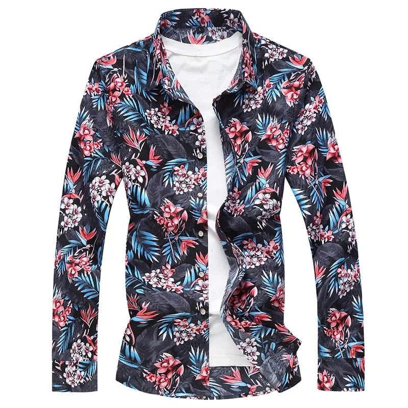 Autumn Casual Slim Fit Flower Printed Hawaiian Long Sleeve Shirt for Men