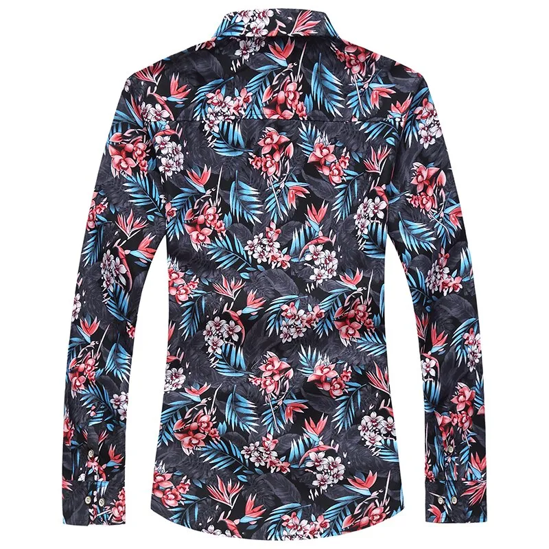 Autumn Casual Slim Fit Flower Printed Hawaiian Long Sleeve Shirt for Men