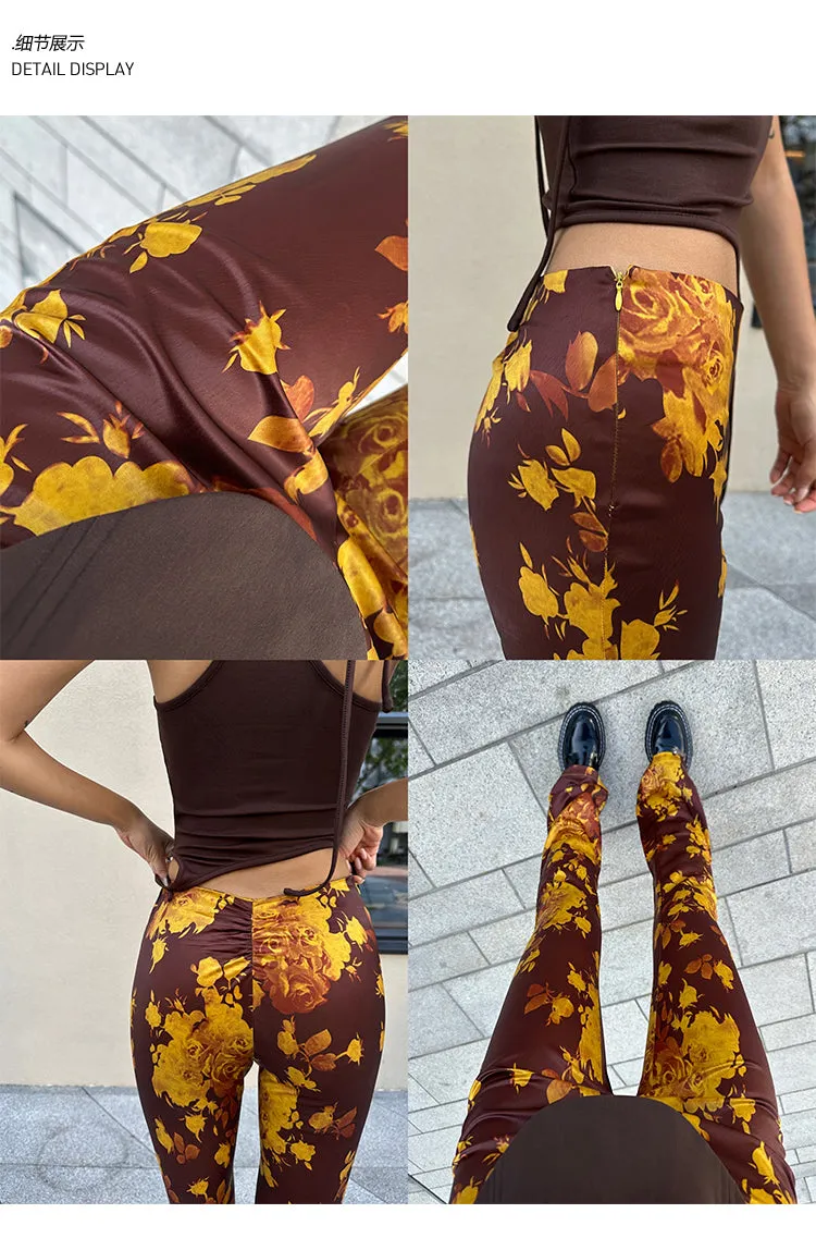 Bailey Golden Yellow Brown Skinny Floral Print Satin Low-Rise Pleated Flared Pants