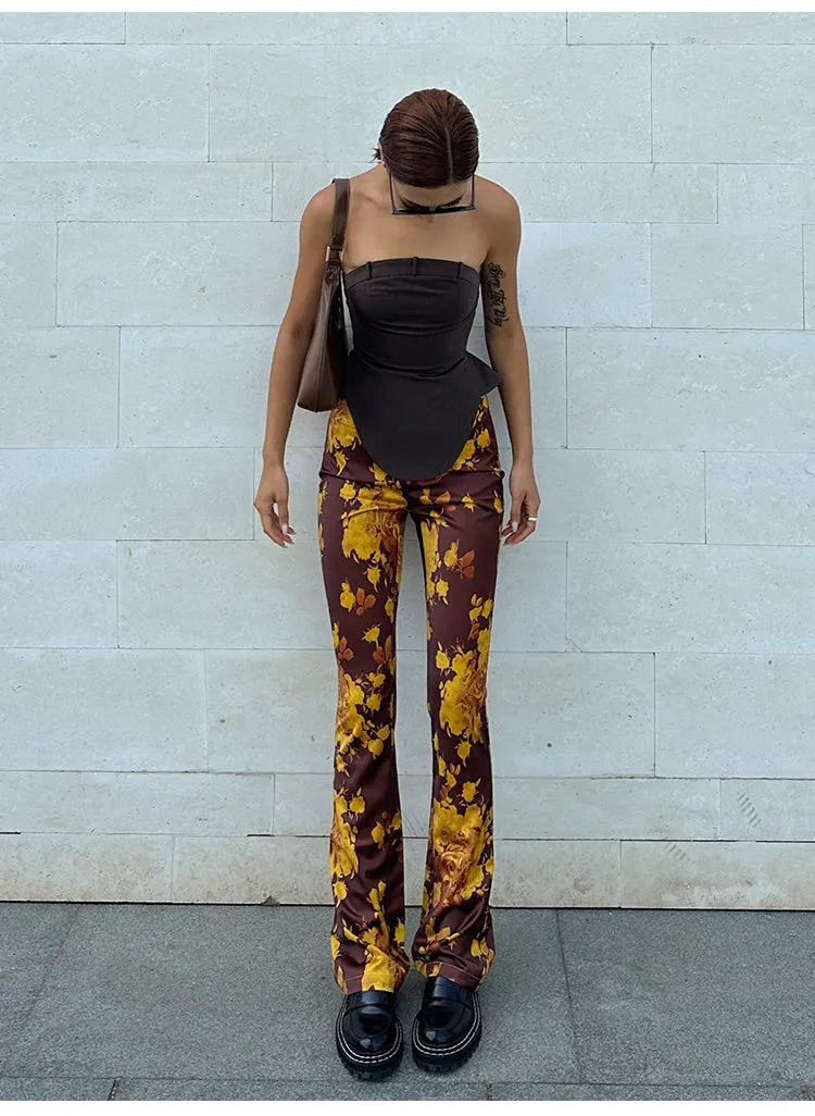 Bailey Golden Yellow Brown Skinny Floral Print Satin Low-Rise Pleated Flared Pants