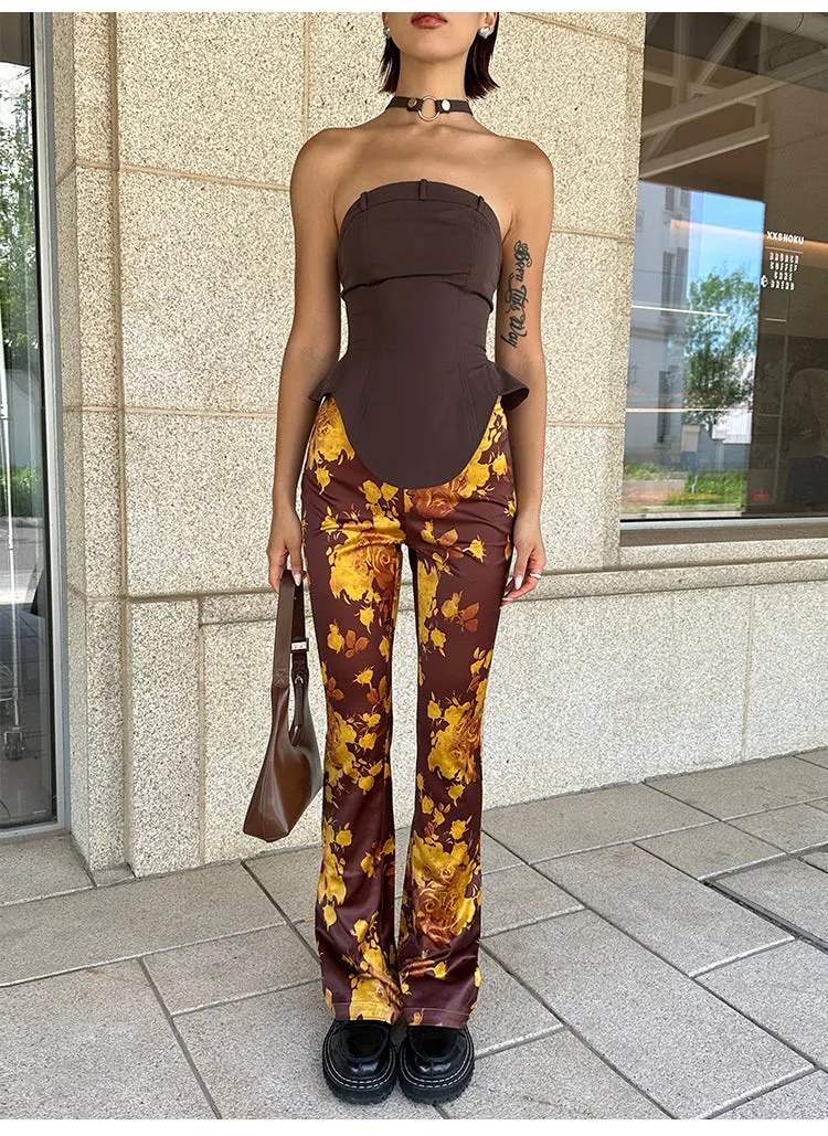 Bailey Golden Yellow Brown Skinny Floral Print Satin Low-Rise Pleated Flared Pants