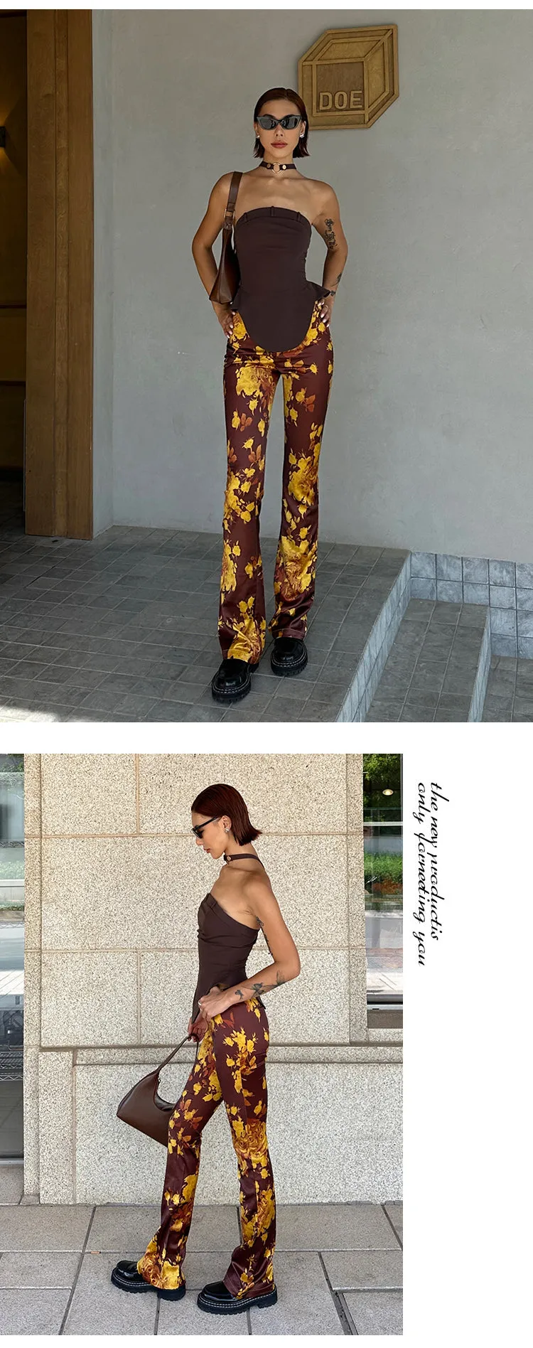 Bailey Golden Yellow Brown Skinny Floral Print Satin Low-Rise Pleated Flared Pants