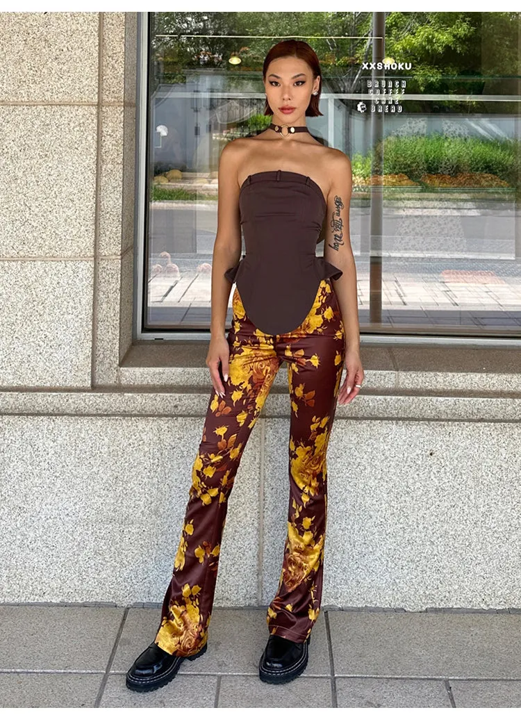 Bailey Golden Yellow Brown Skinny Floral Print Satin Low-Rise Pleated Flared Pants