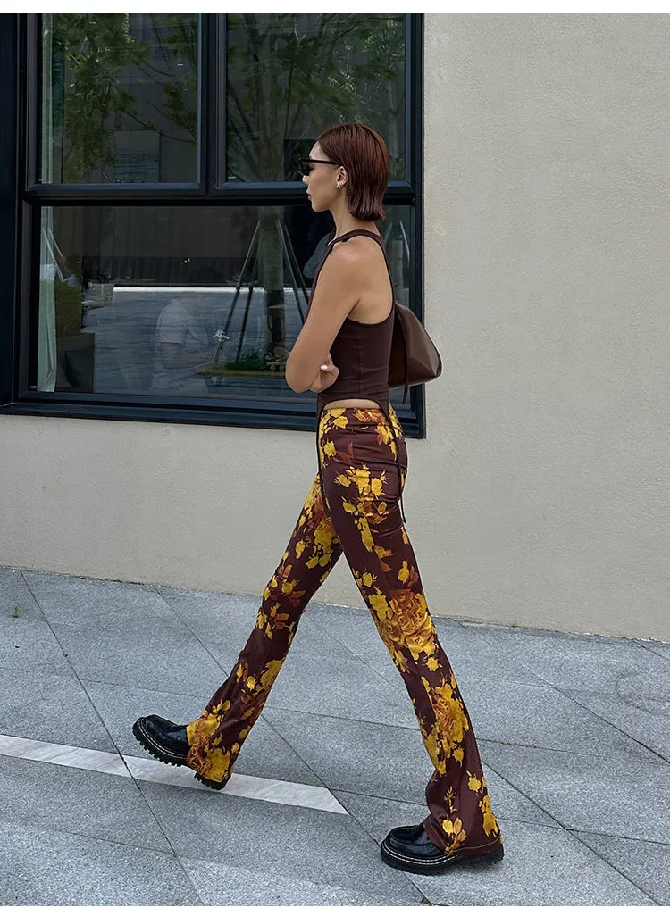 Bailey Golden Yellow Brown Skinny Floral Print Satin Low-Rise Pleated Flared Pants