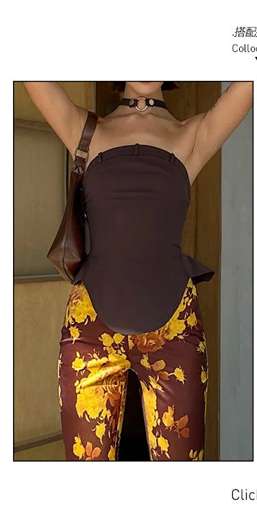 Bailey Golden Yellow Brown Skinny Floral Print Satin Low-Rise Pleated Flared Pants