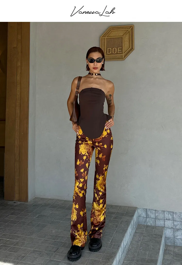 Bailey Golden Yellow Brown Skinny Floral Print Satin Low-Rise Pleated Flared Pants