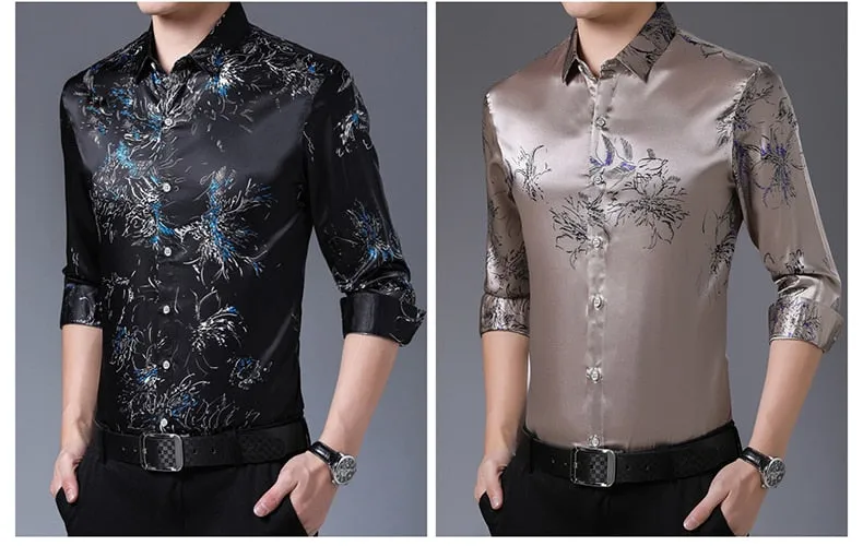 Casual Streetwear Floral Printed Slim Fit Long Sleeve Shirt for Men