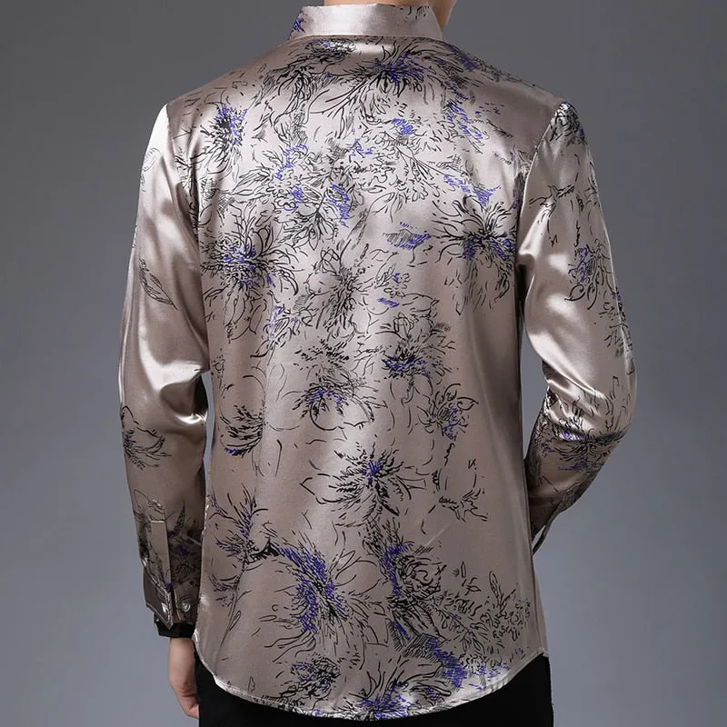 Casual Streetwear Floral Printed Slim Fit Long Sleeve Shirt for Men