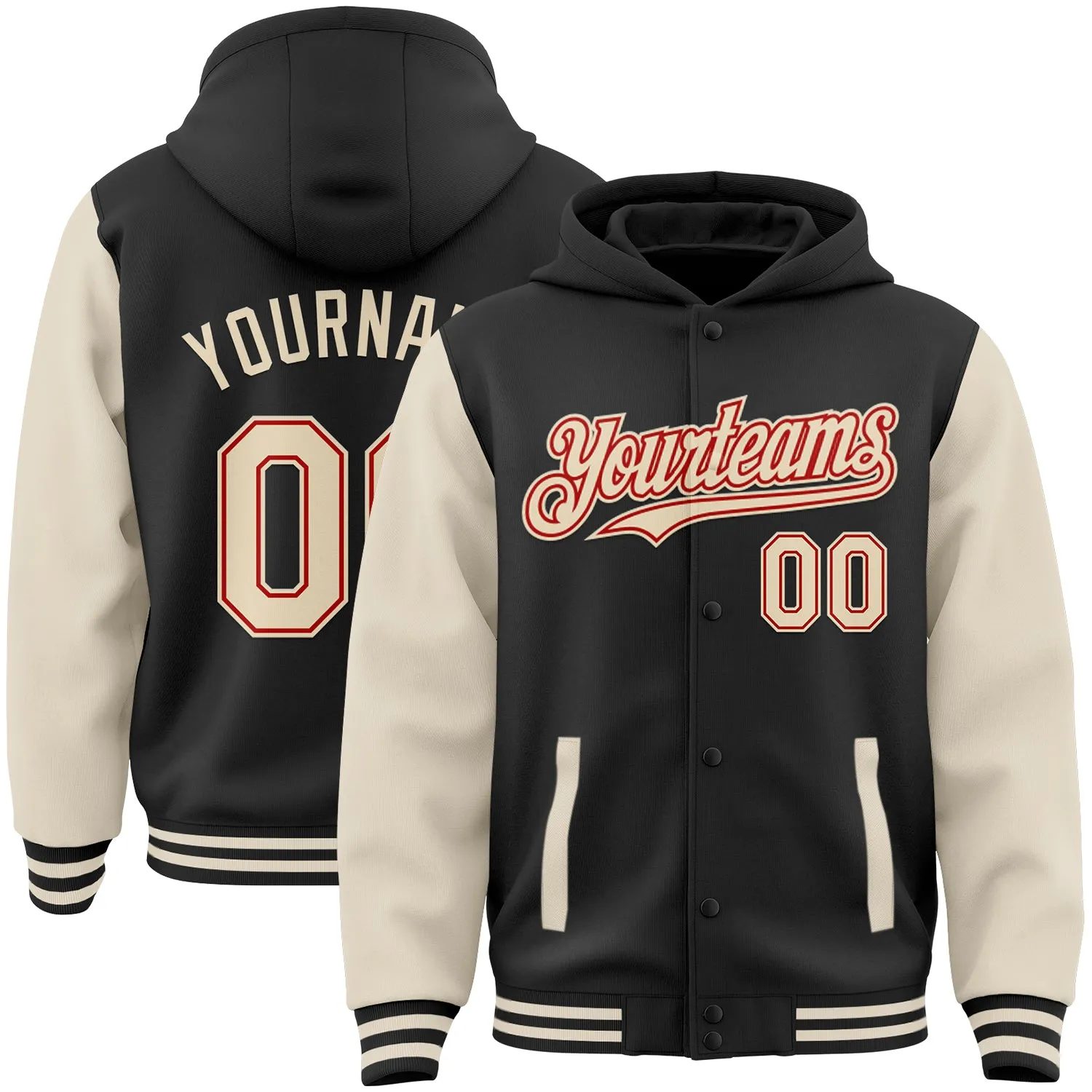 Custom Black Cream-Red Bomber Full-Snap Varsity Letterman Two Tone Hoodie Jacket