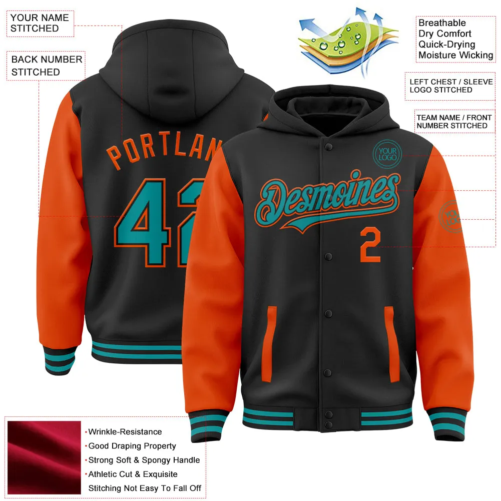 Custom Black Teal-Orange Bomber Full-Snap Varsity Letterman Two Tone Hoodie Jacket