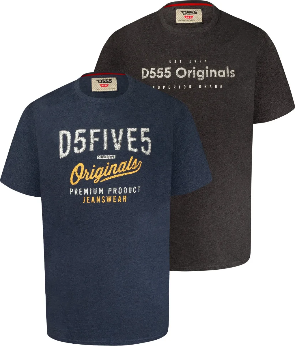 D555 Alfred 2 Pack Logo Print T-Shirts - Denim Charcoal