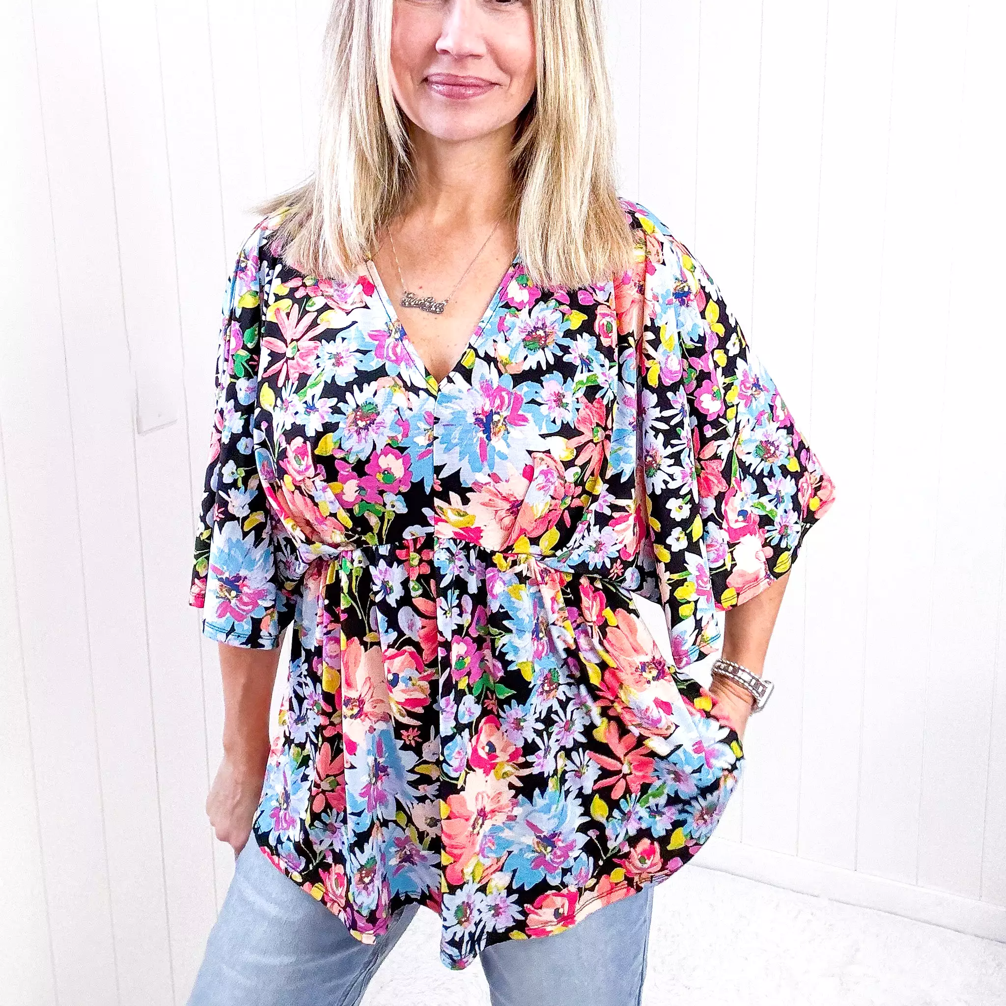 Dear Scarlett Dreamer Peplum Top in Black Multi Floral