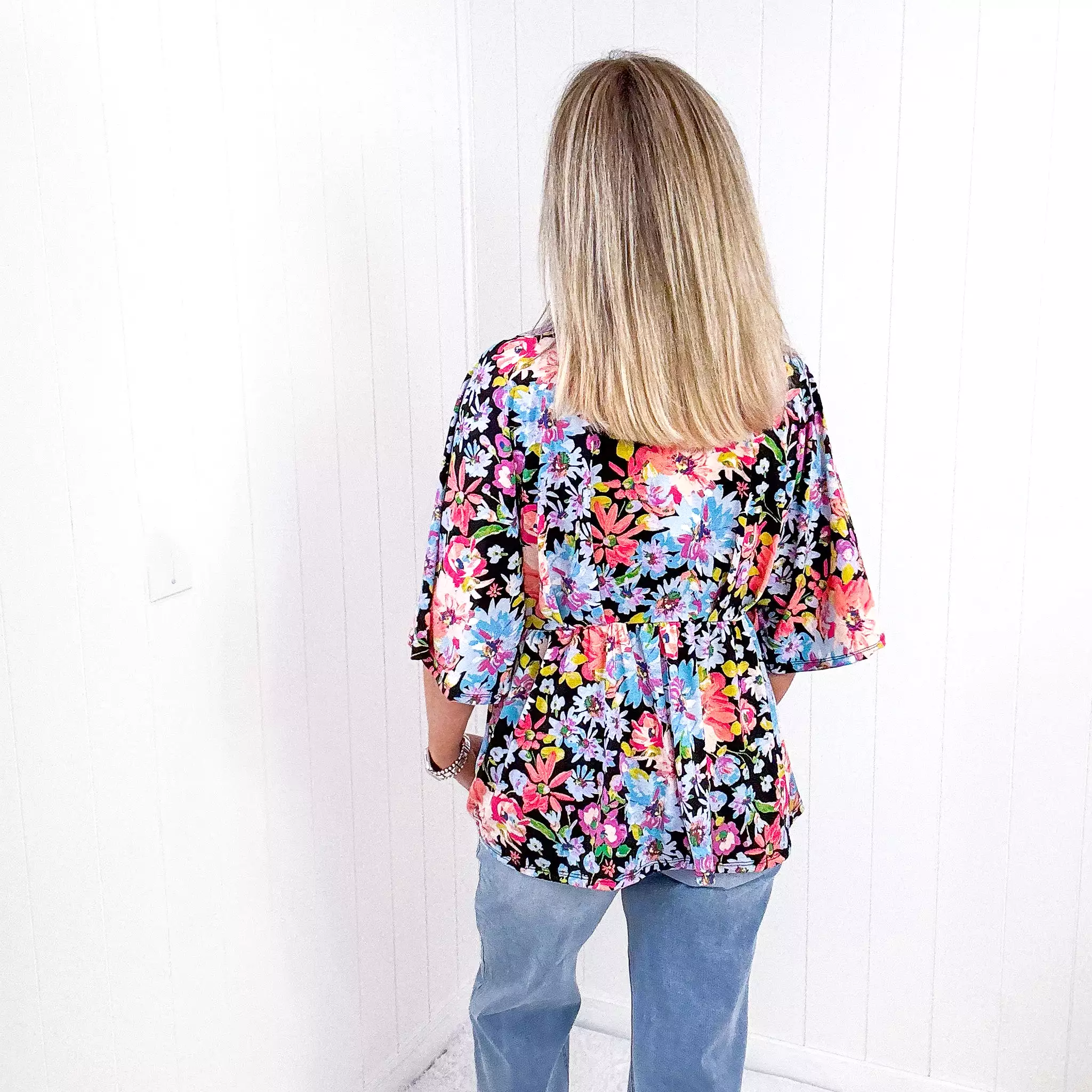 Dear Scarlett Dreamer Peplum Top in Black Multi Floral