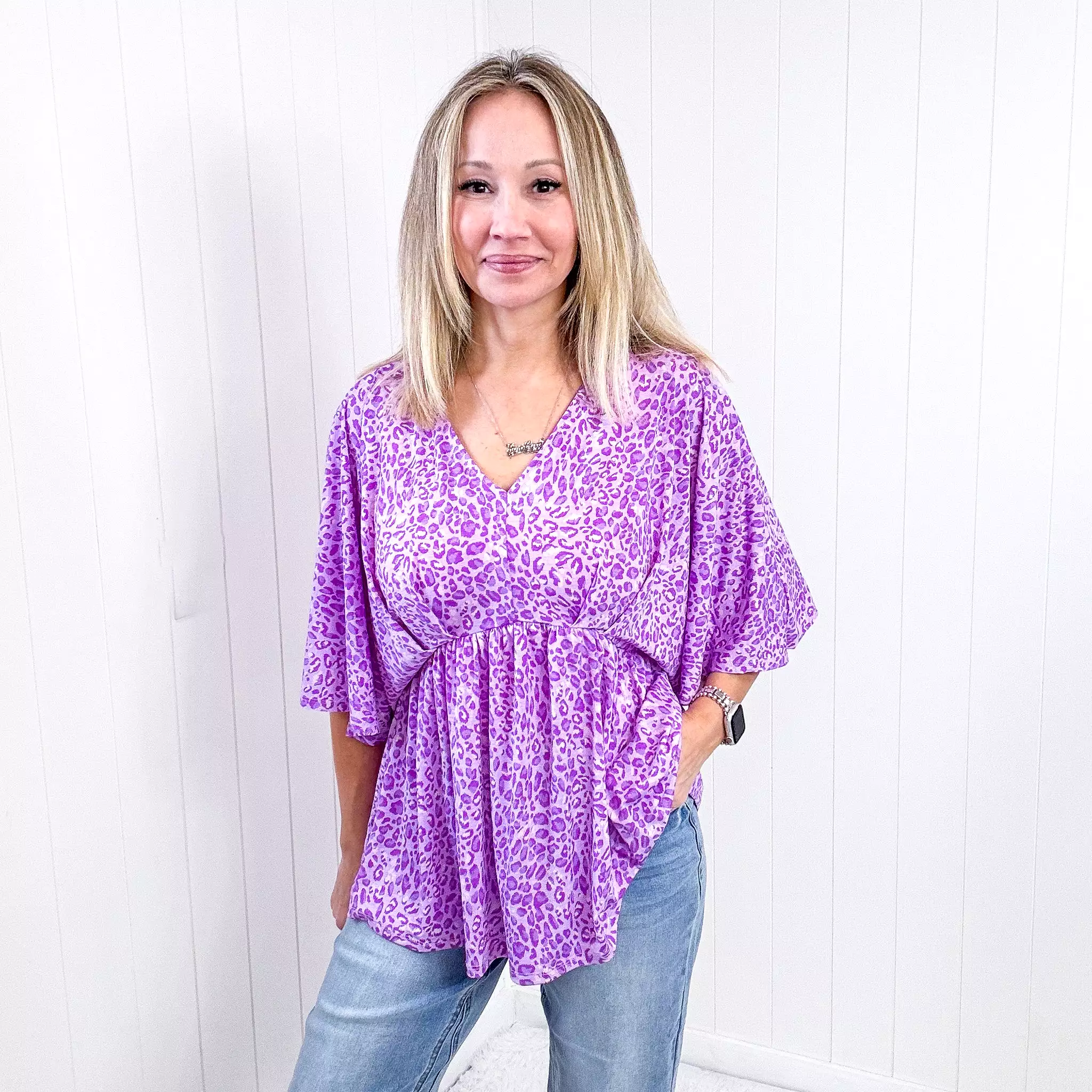 Dear Scarlett Dreamer Peplum Top in Lavender Leopard Print