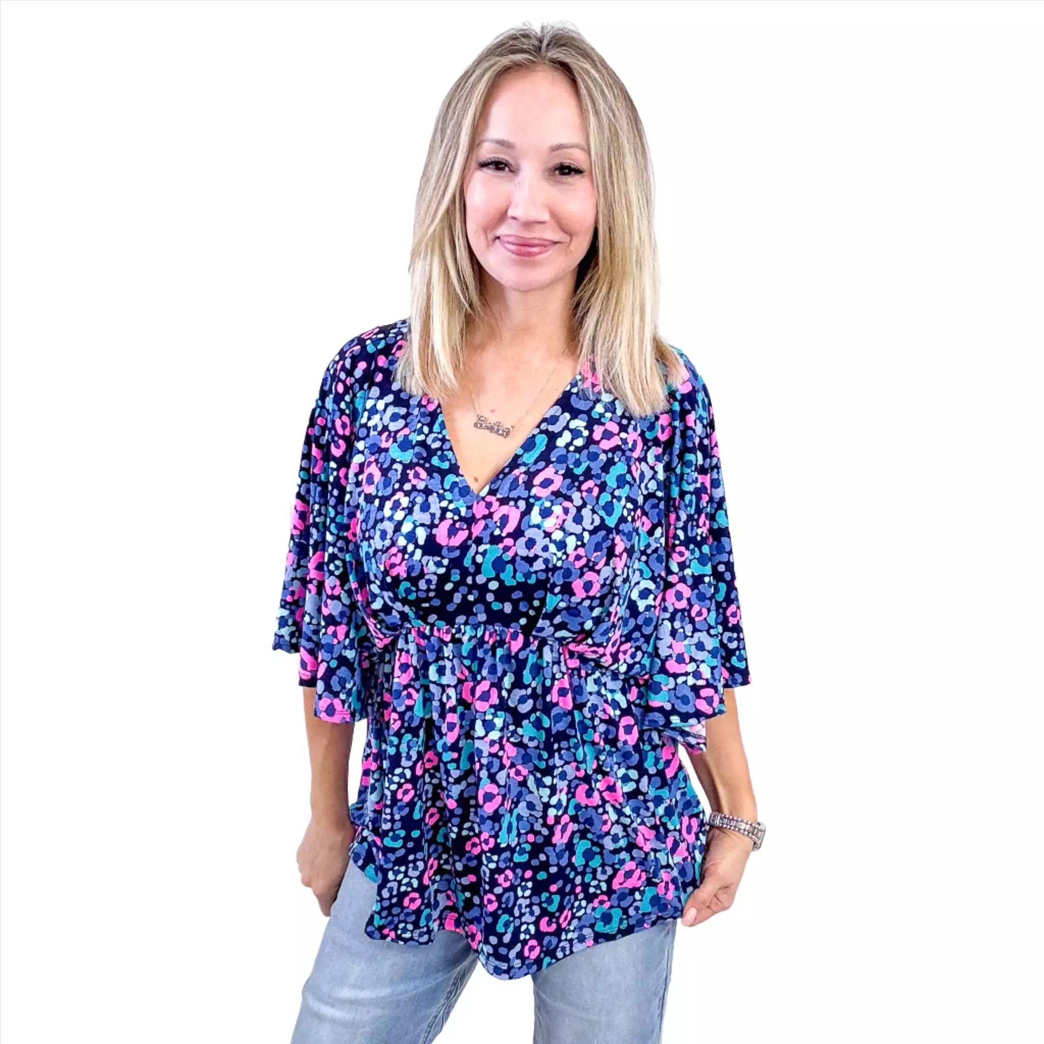 Dear Scarlett Dreamer Peplum Top in Navy and Lavender Animal Print