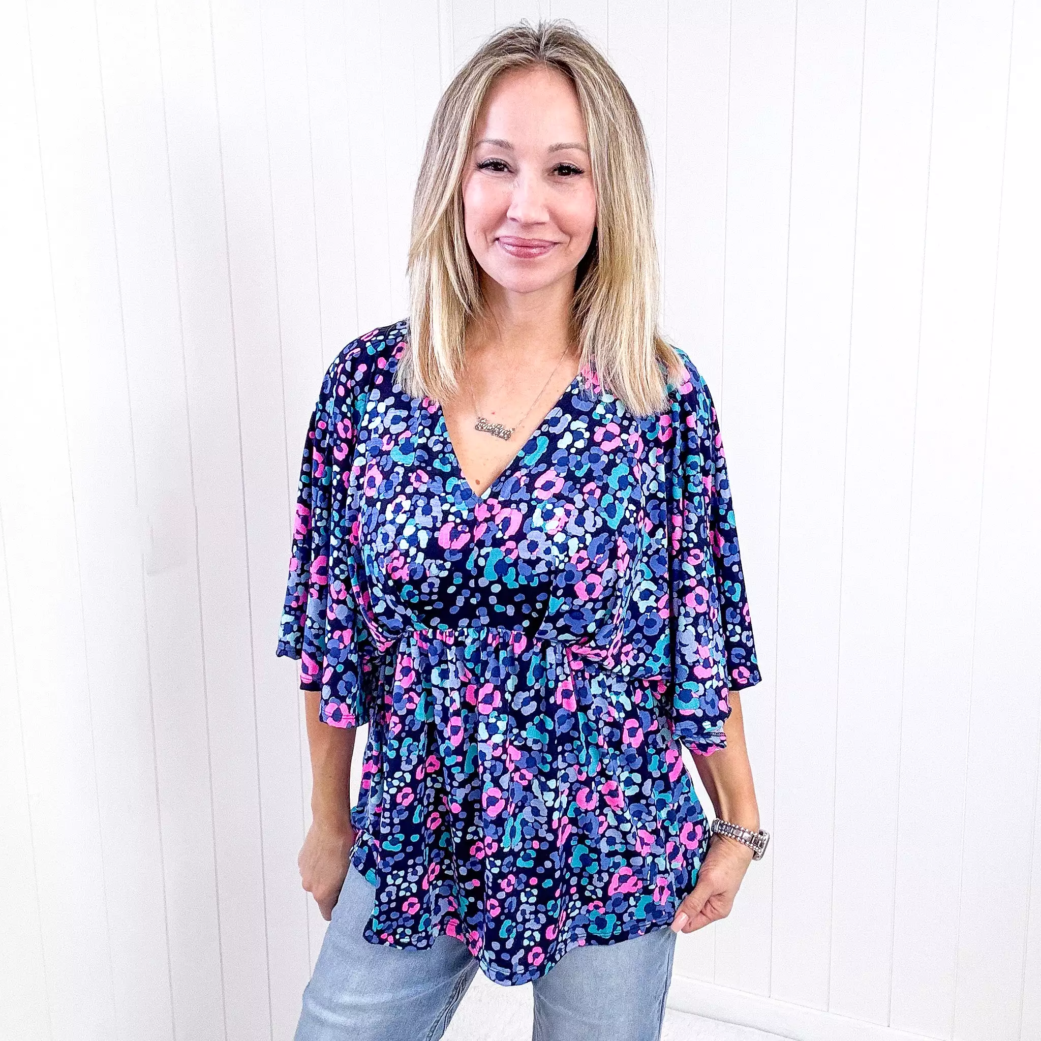 Dear Scarlett Dreamer Peplum Top in Navy and Lavender Animal Print