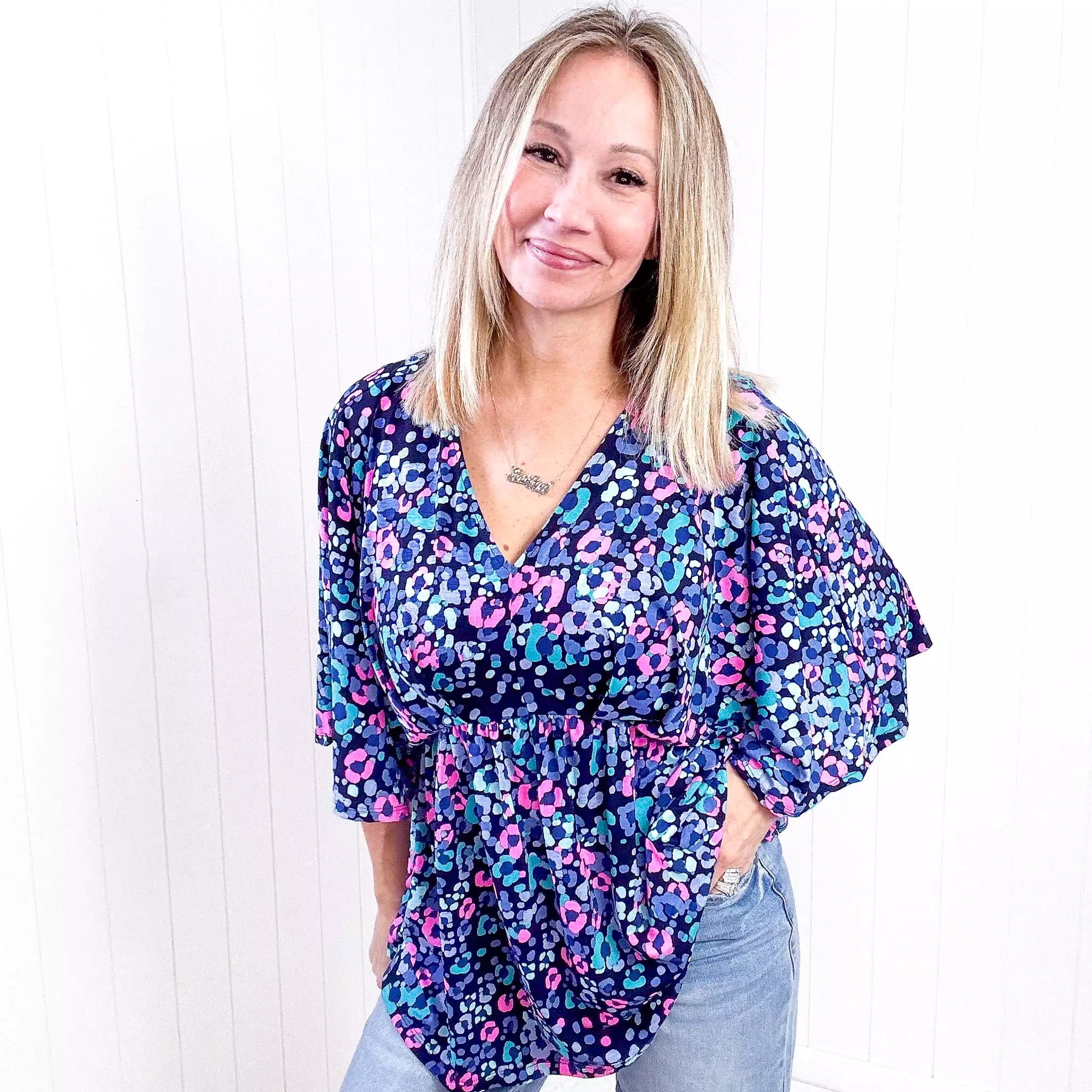 Dear Scarlett Dreamer Peplum Top in Navy and Lavender Animal Print