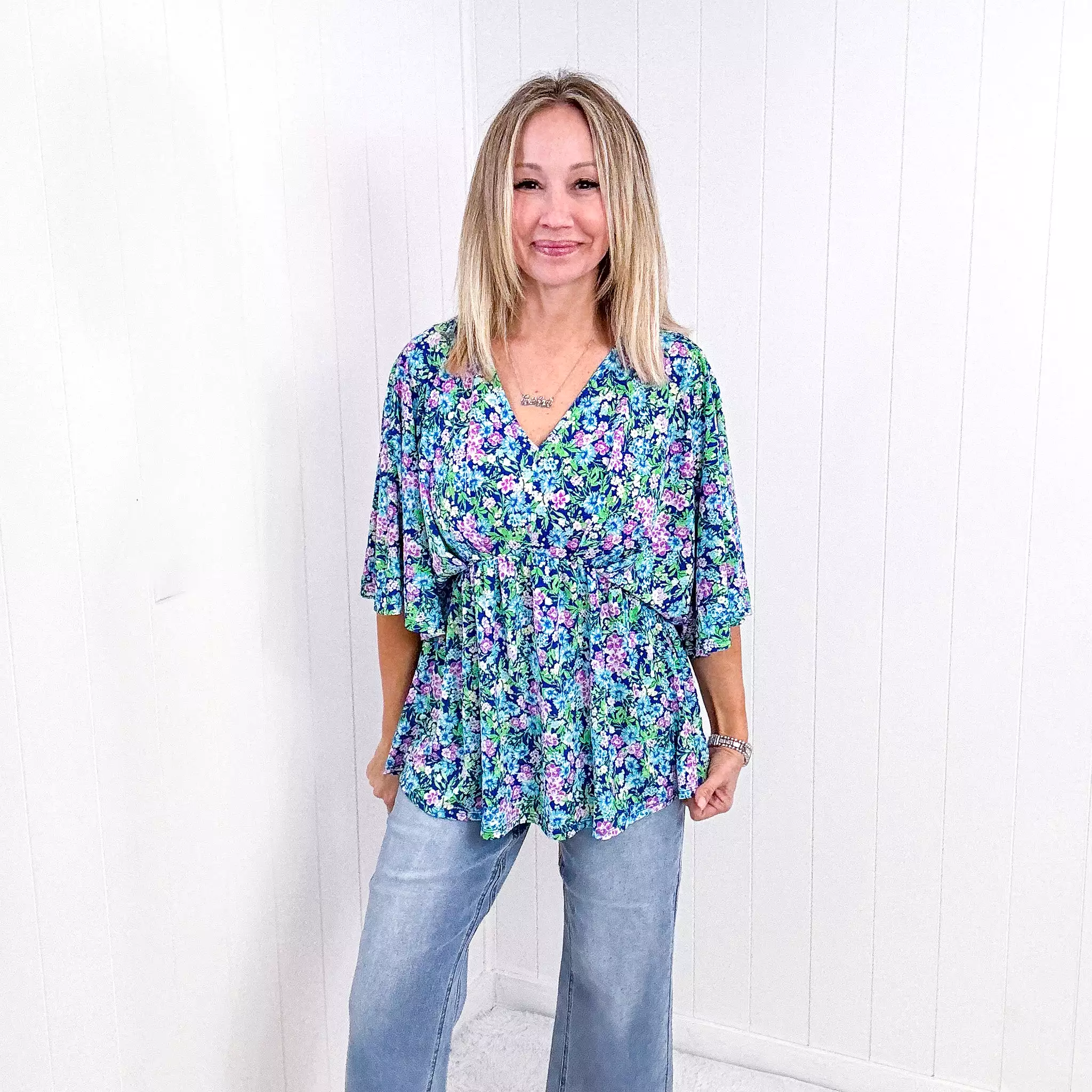 Dear Scarlett Dreamer Peplum Top in Navy and Mint Floral