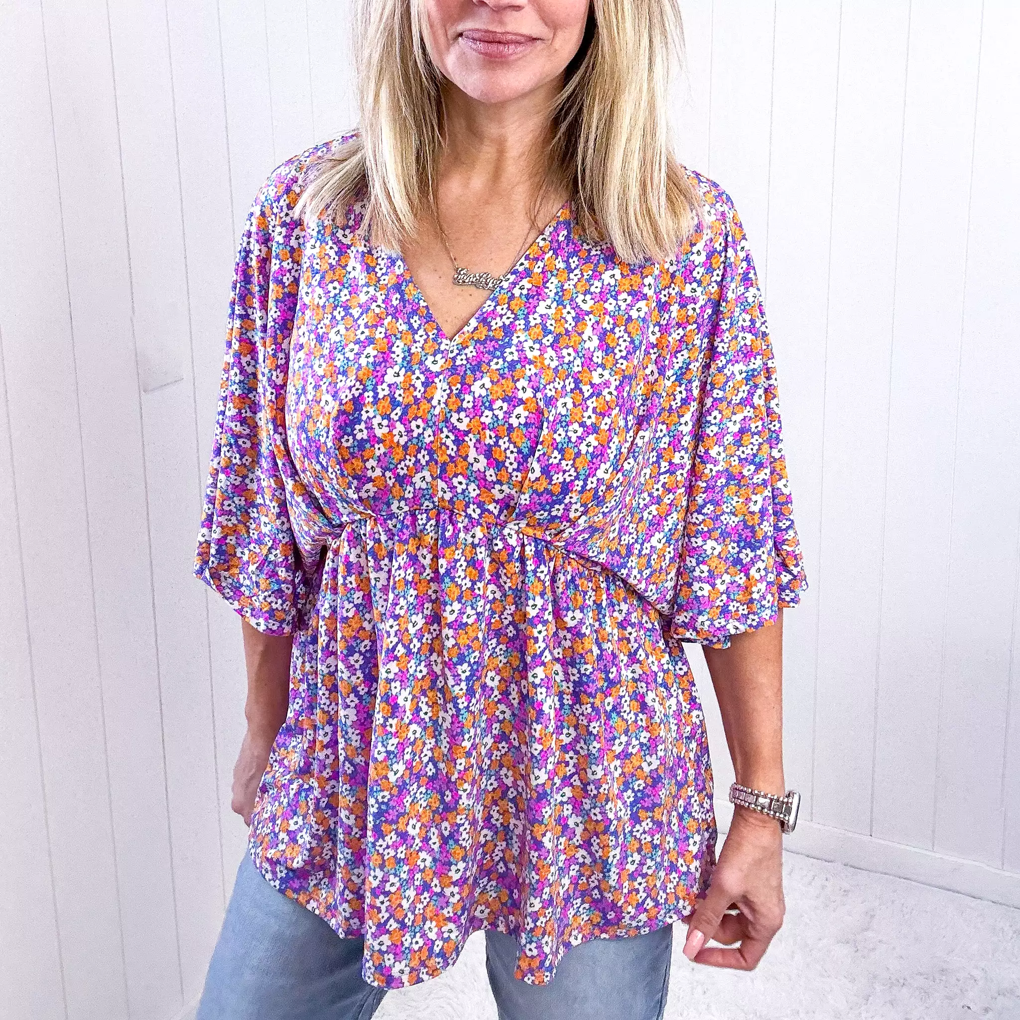 Dear Scarlett Dreamer Peplum Top in Purple Retro Ditsy Floral