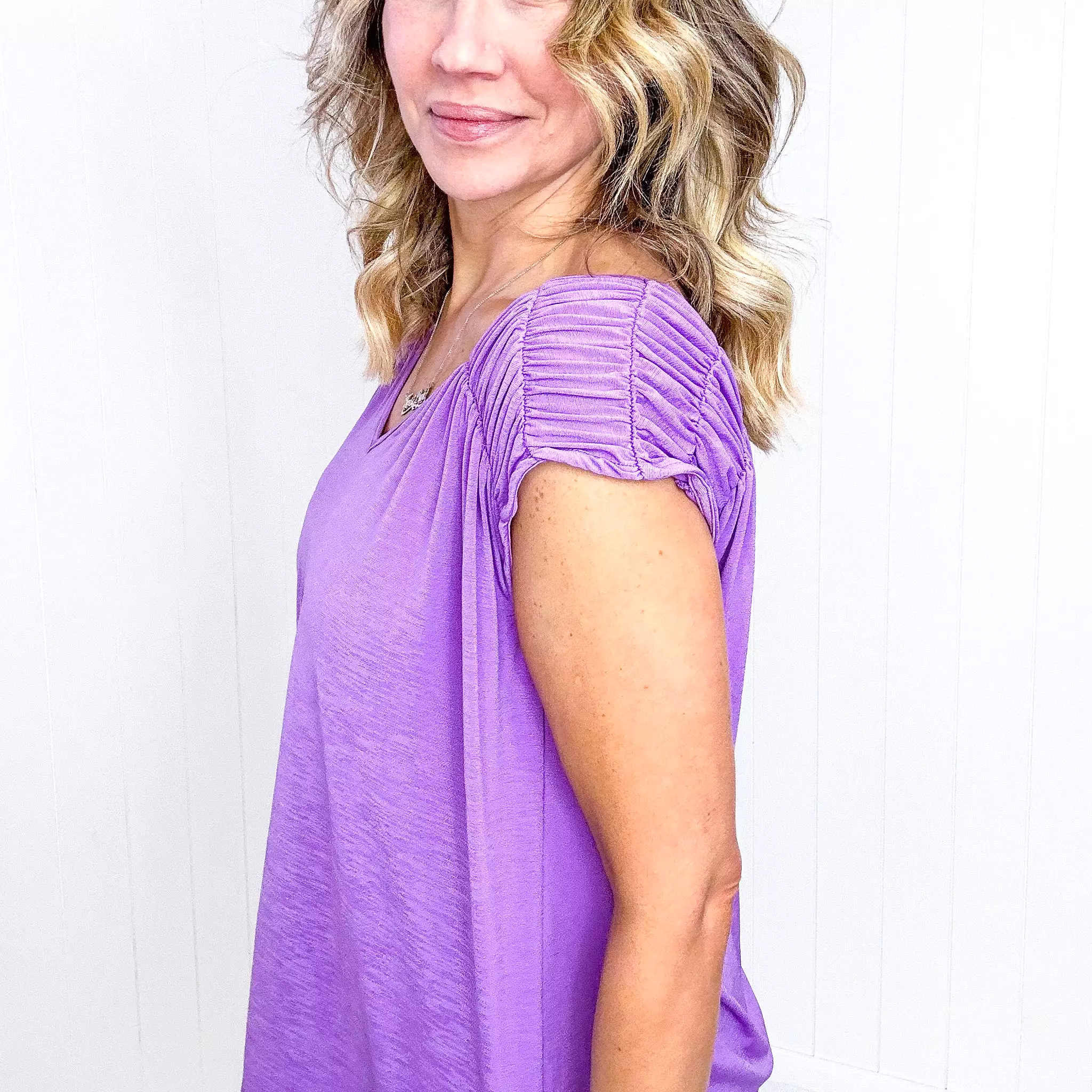 Dear Scarlett Ruched Cap Sleeve Top in Lavender