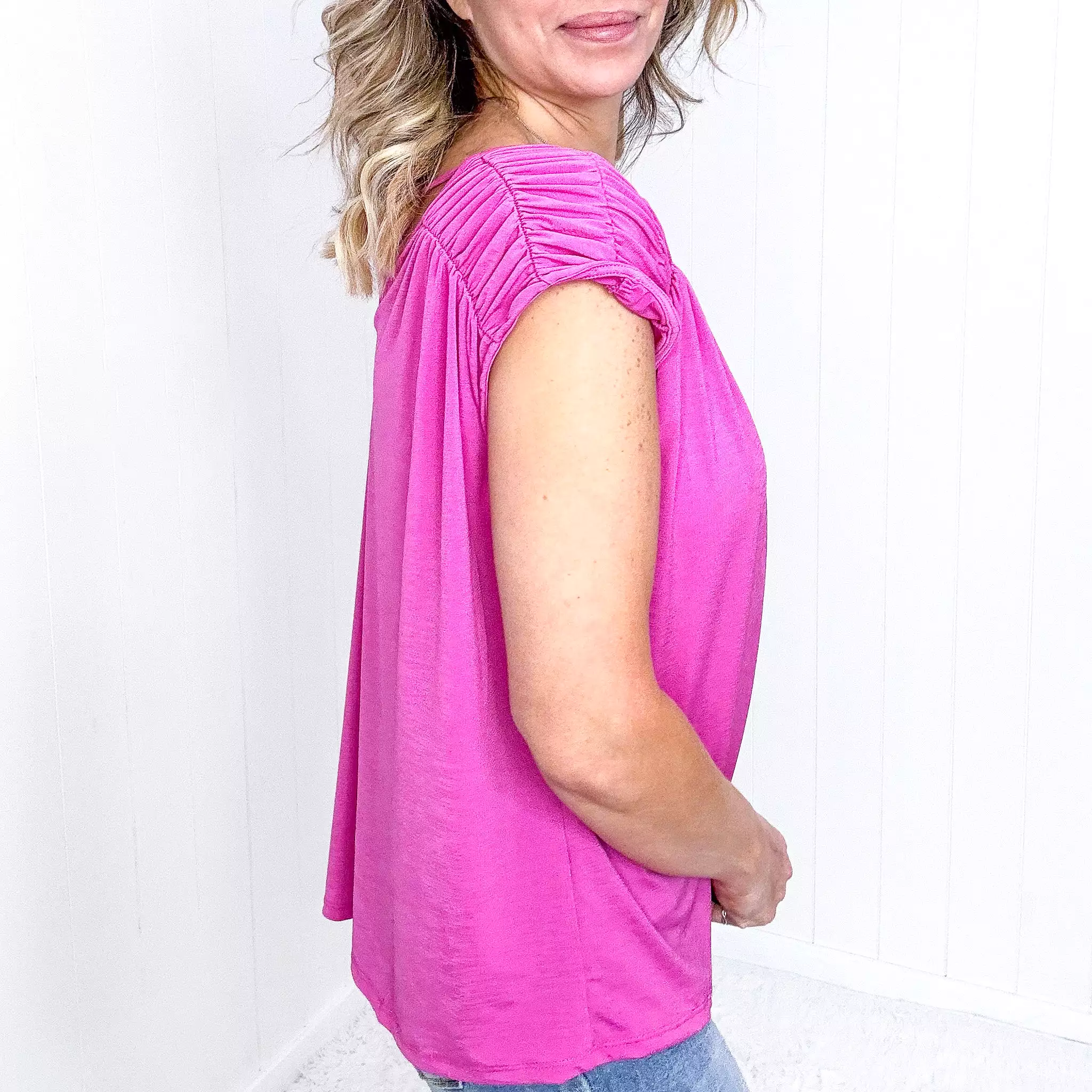 Dear Scarlett Ruched Cap Sleeve Top in Magenta