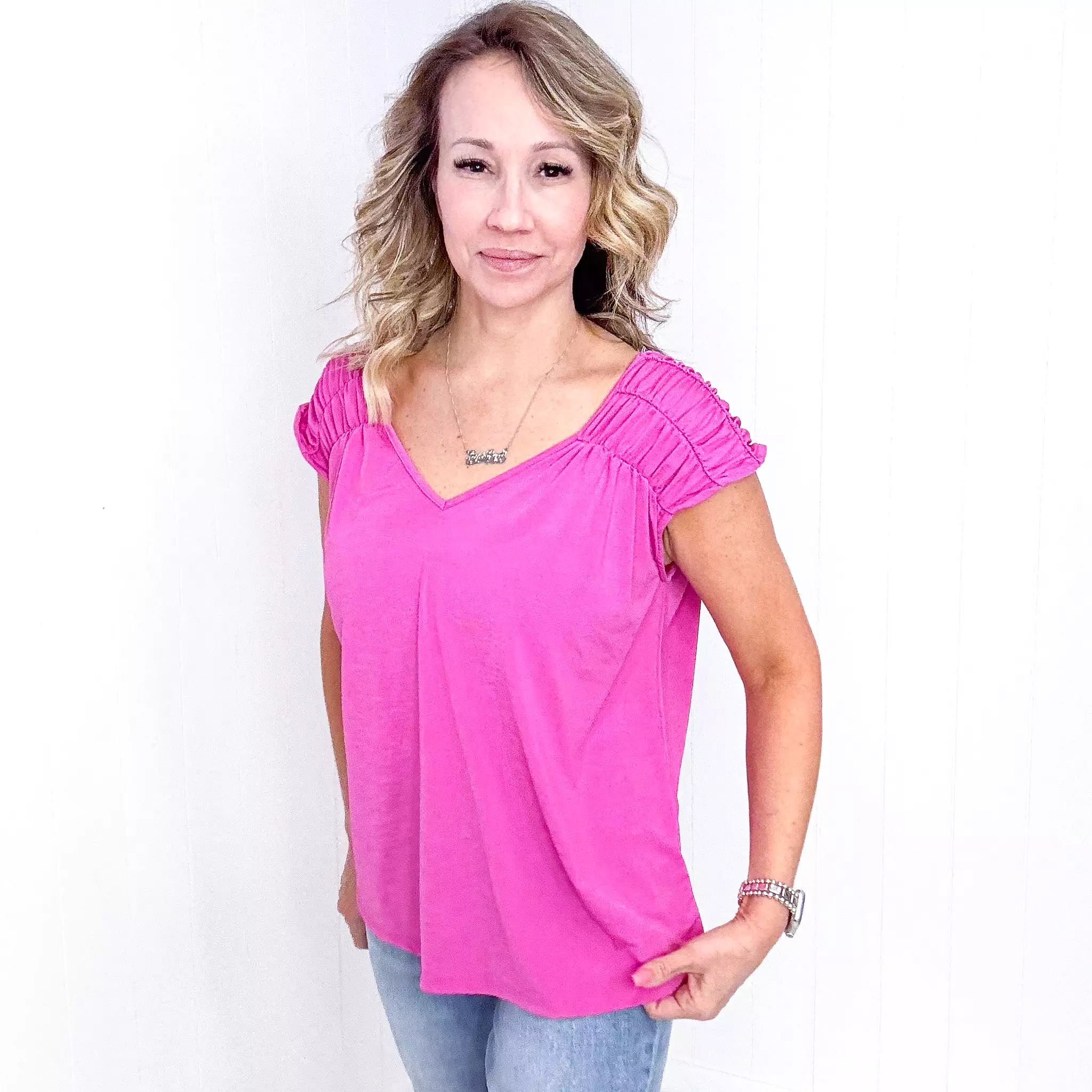 Dear Scarlett Ruched Cap Sleeve Top in Magenta