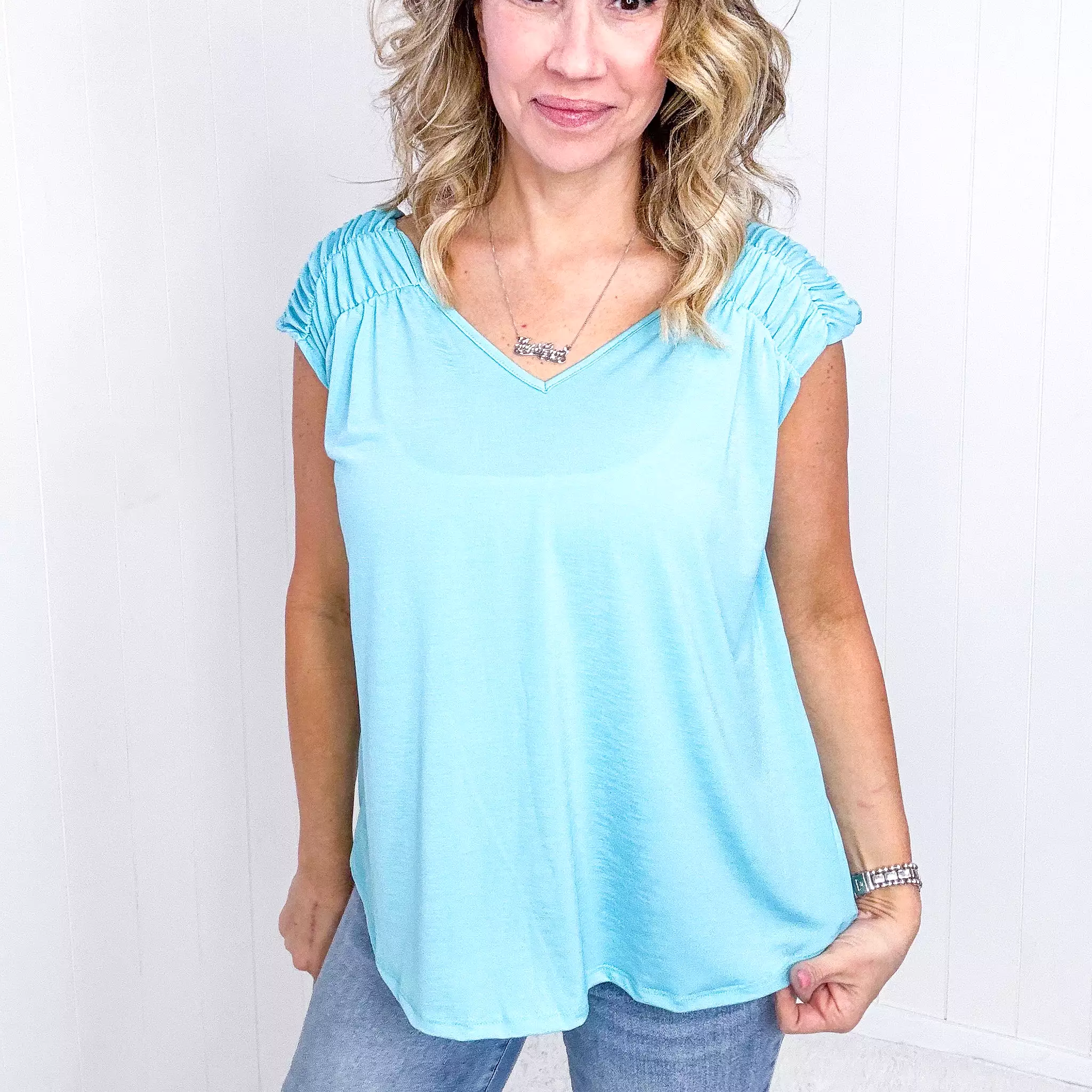 Dear Scarlett Ruched Cap Sleeve Top in Neon Blue