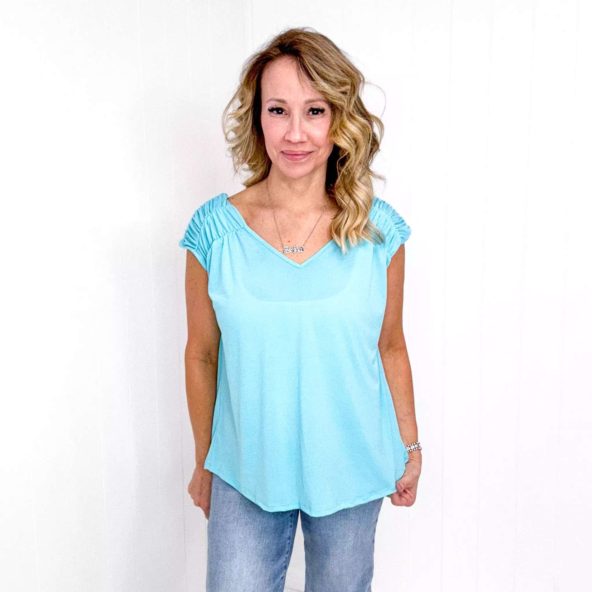 Dear Scarlett Ruched Cap Sleeve Top in Neon Blue