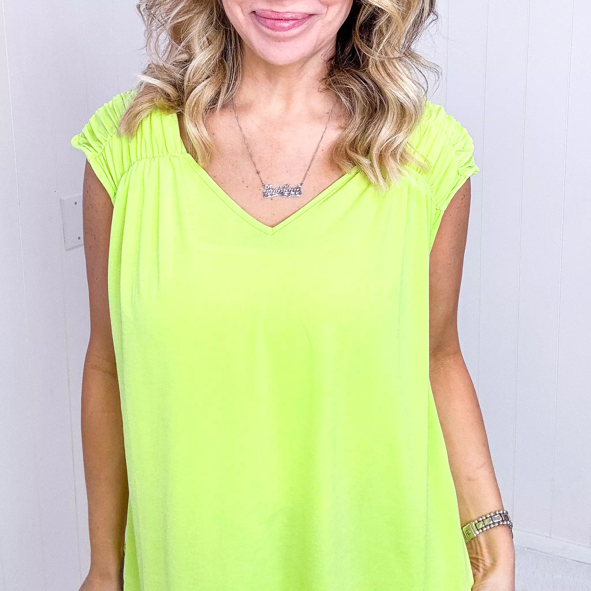 Dear Scarlett Ruched Cap Sleeve Top in Neon Green