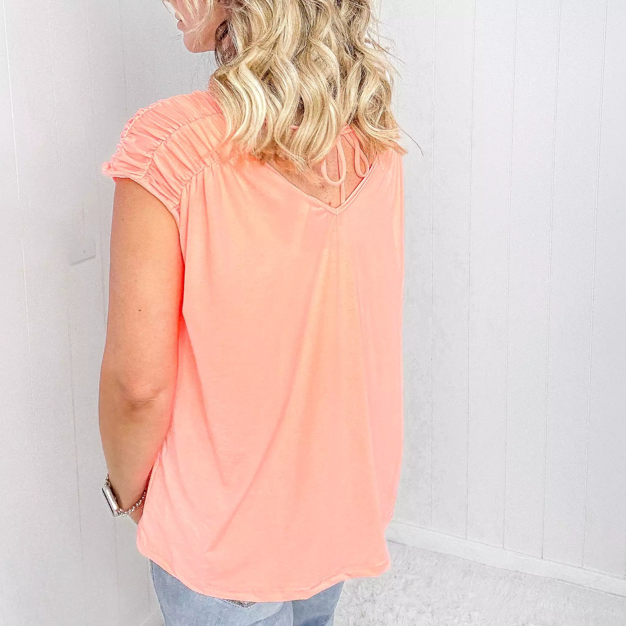 Dear Scarlett Ruched Cap Sleeve Top in Neon Orange